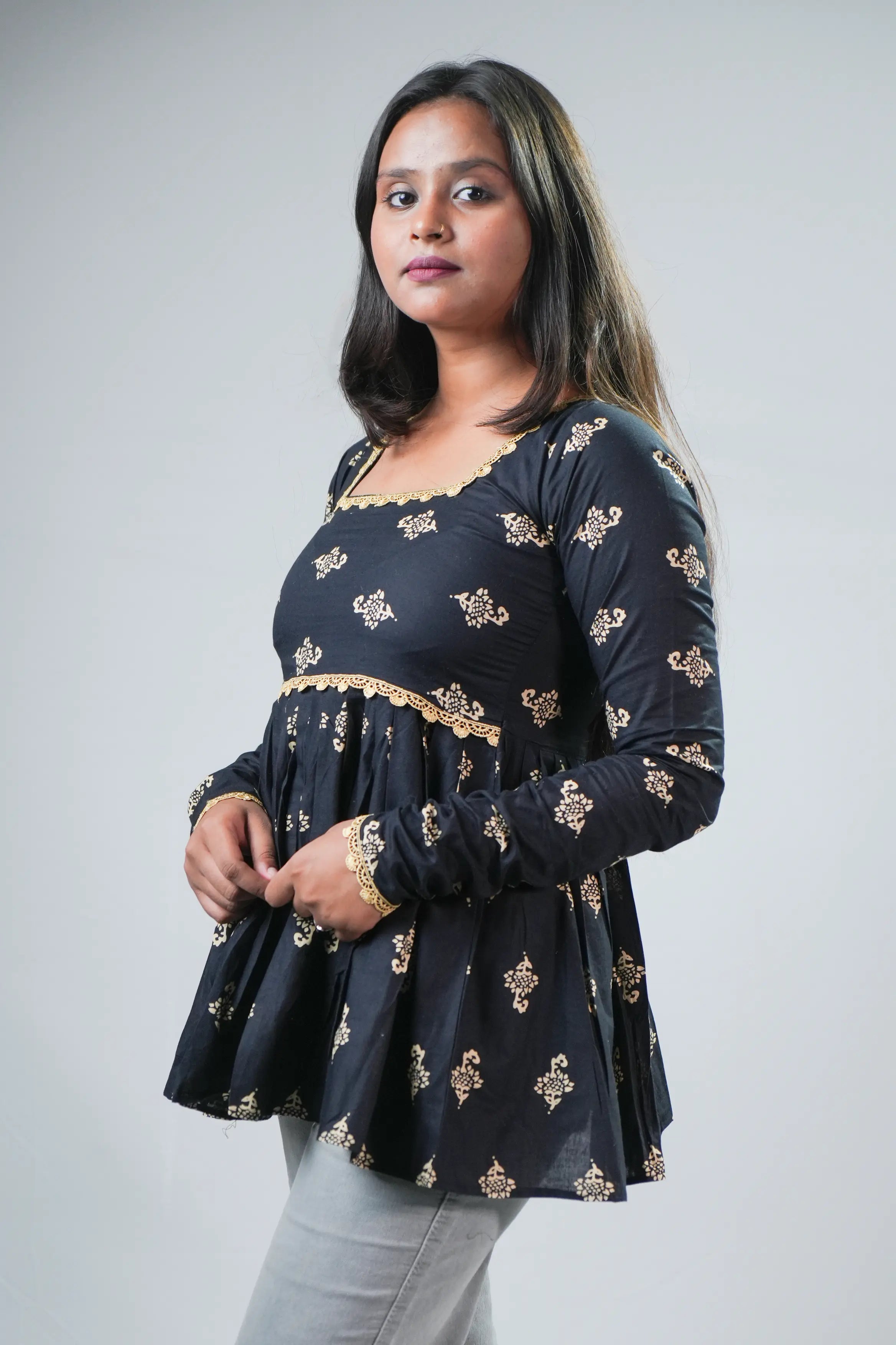 Black & Gold Printed Peplum Ethnic Top