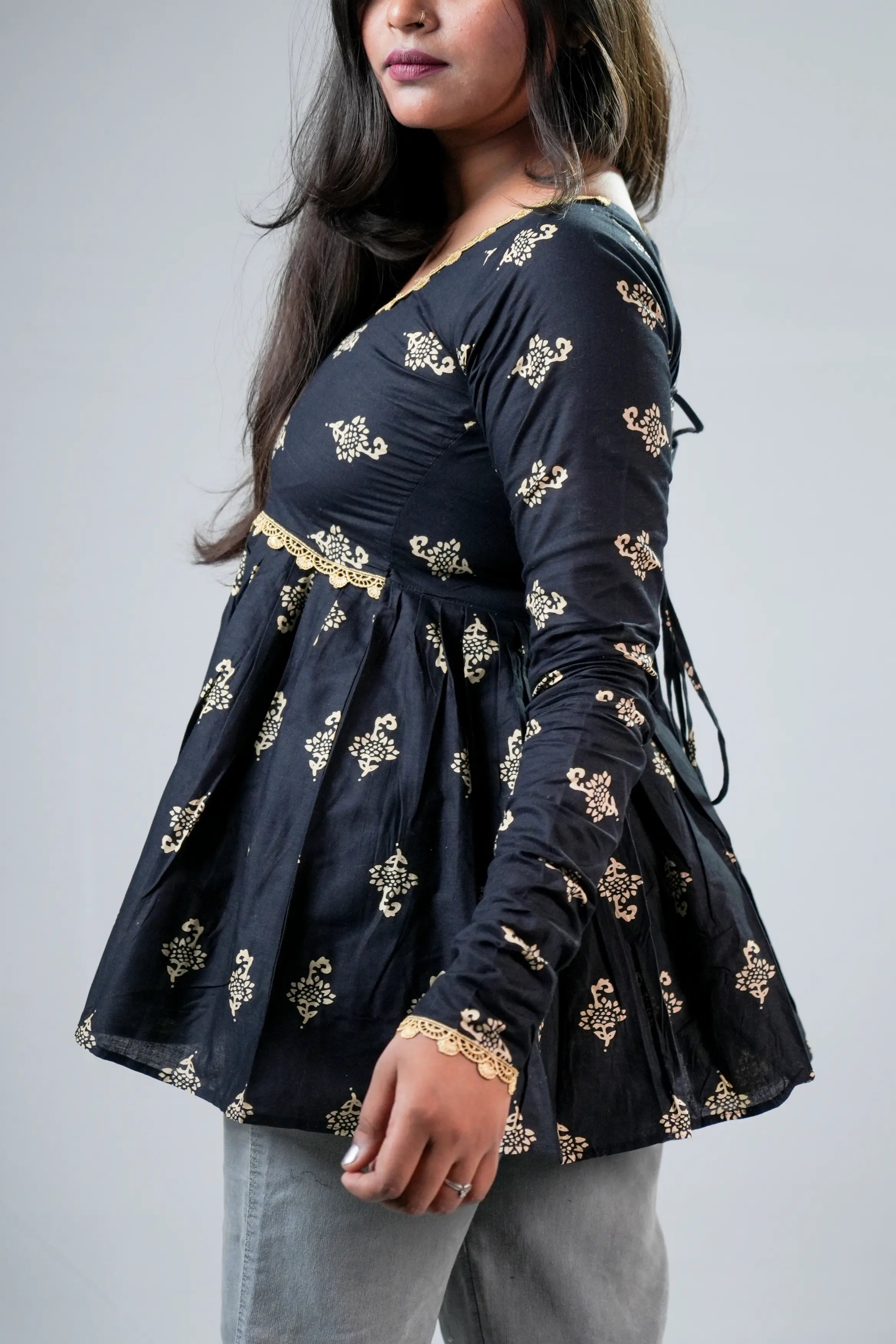 Black & Gold Printed Peplum Ethnic Top