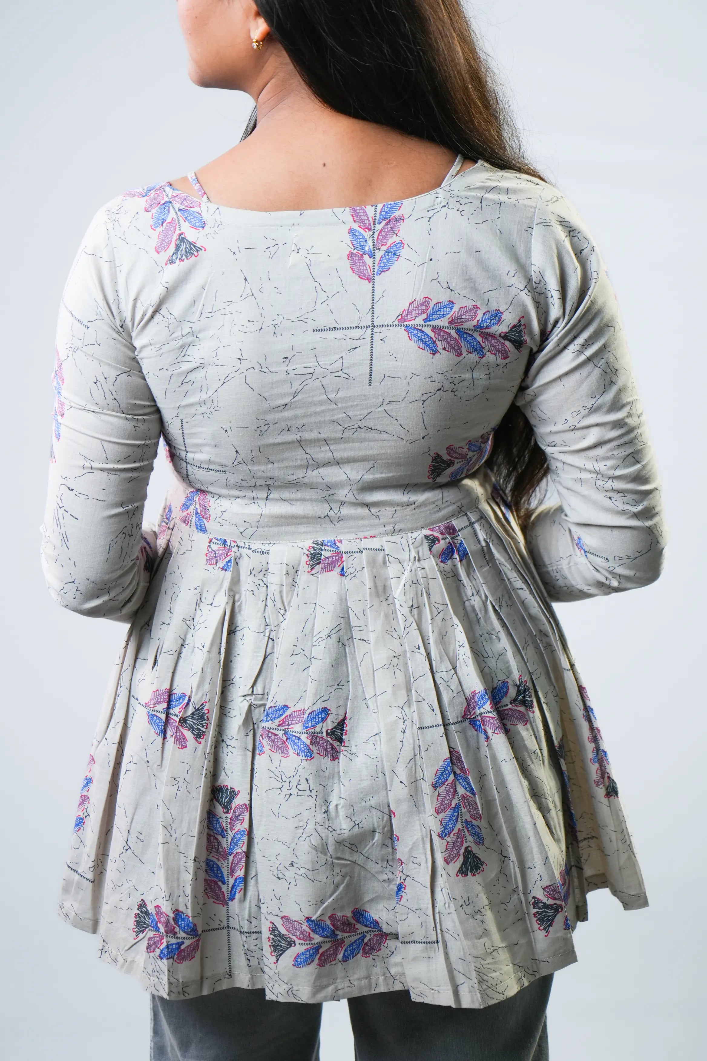 Beige Printed Flared Long-Sleeve Kurti Top