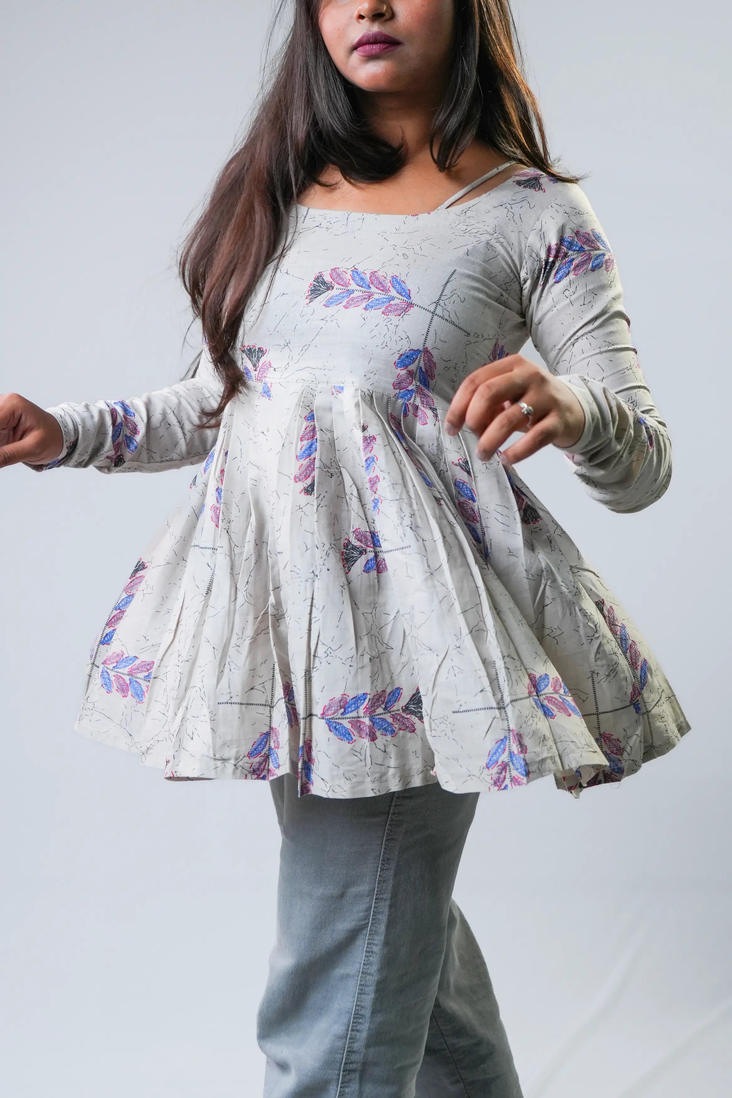 Beige Printed Flared Long-Sleeve Kurti Top