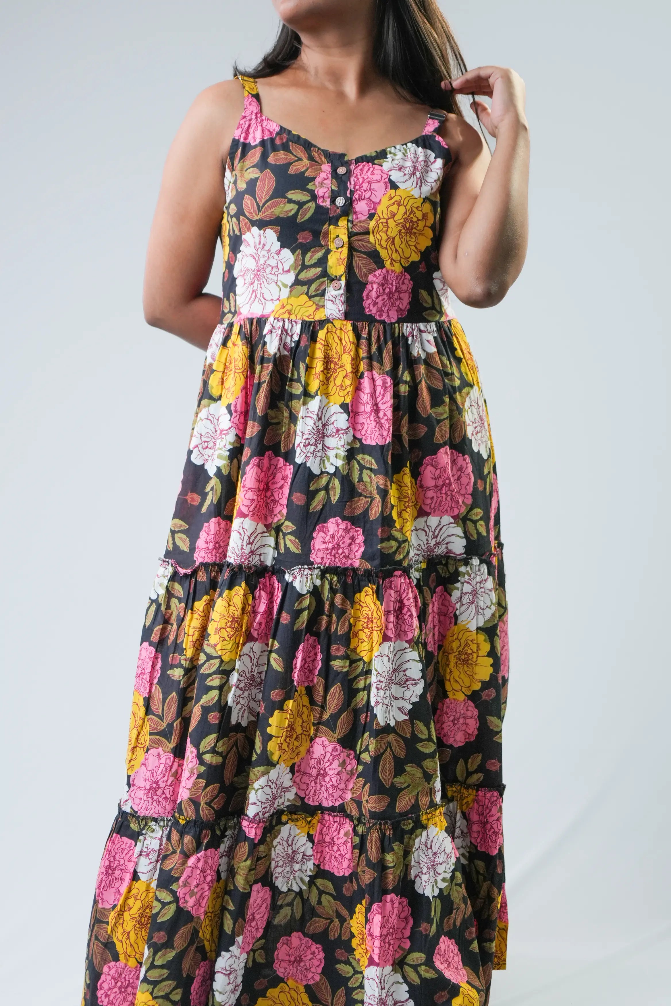 Black Garden Bloom Tiered Maxi Dress