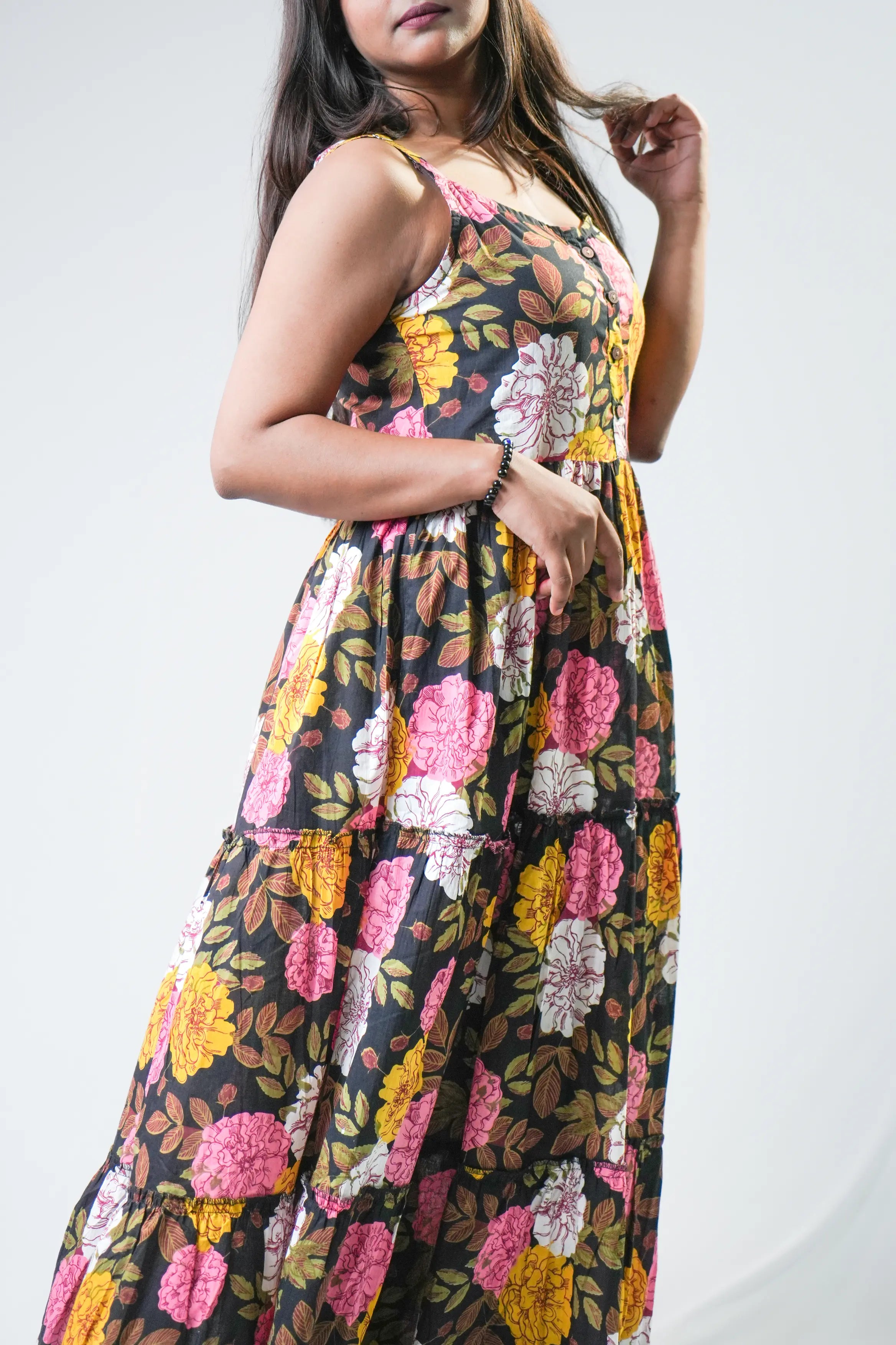 Black Garden Bloom Tiered Maxi Dress