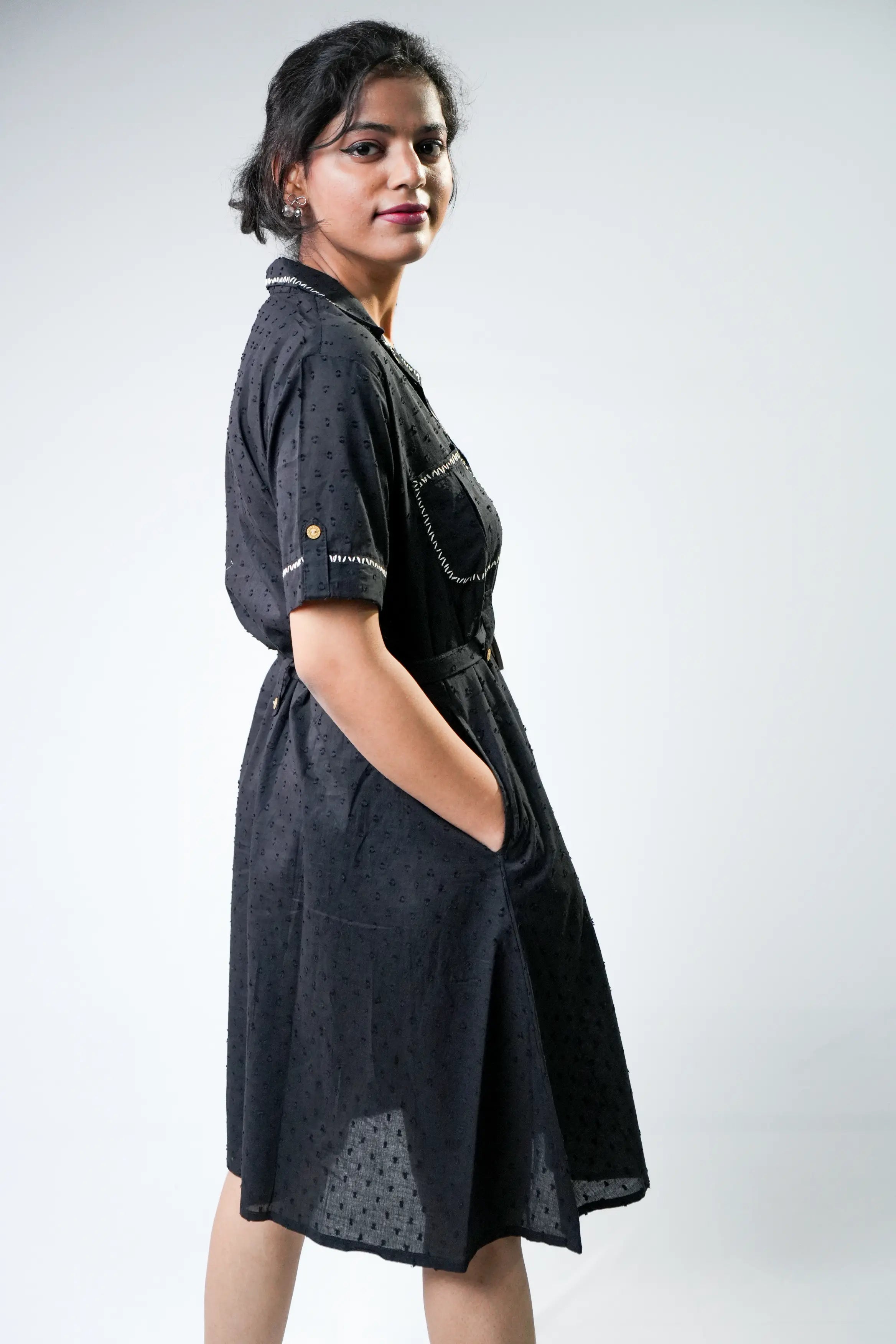 Classic Black Belted Short Sleeve Shirt Dress