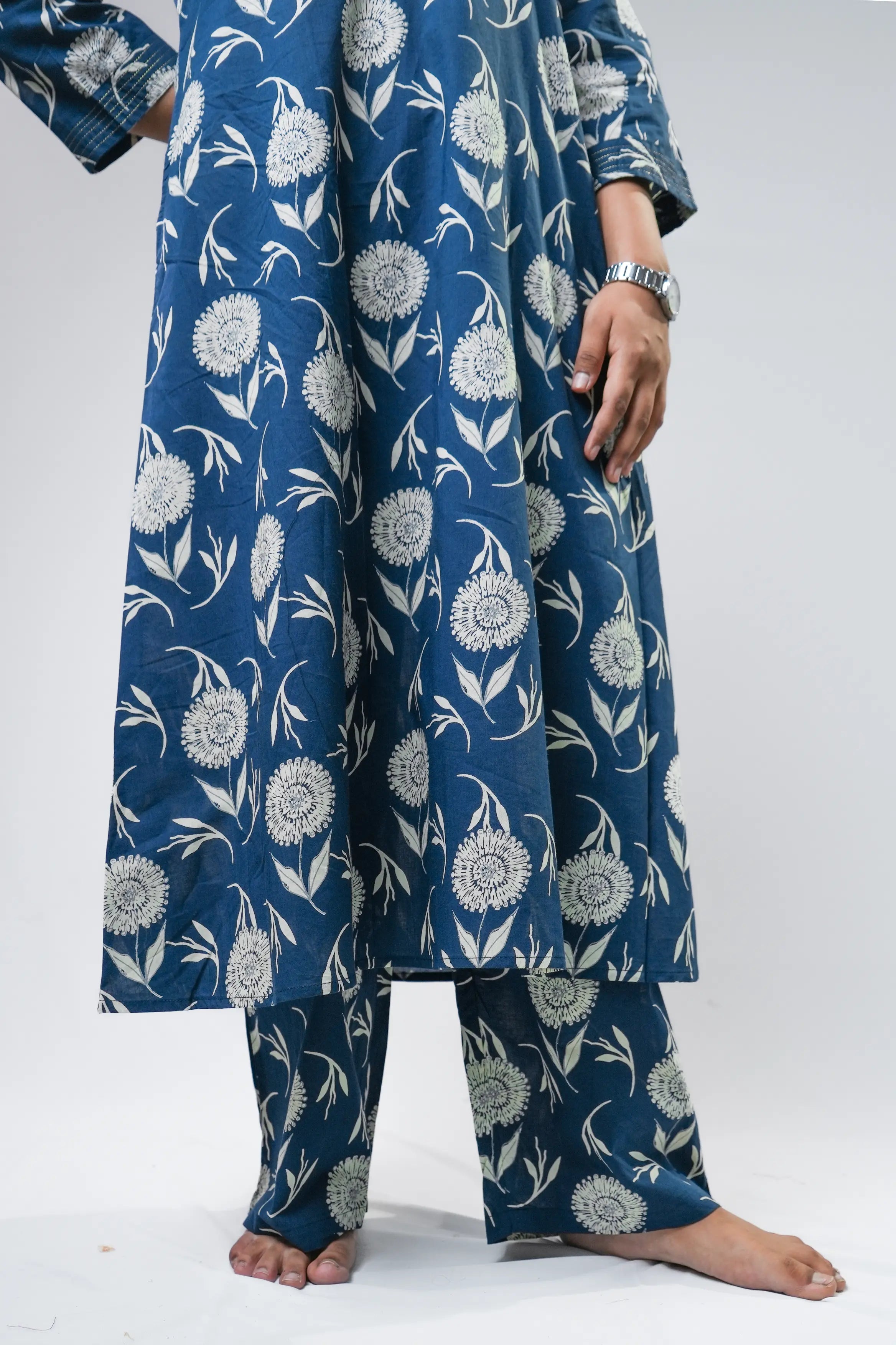 Navy Blue A-Line Floral Kurta Set