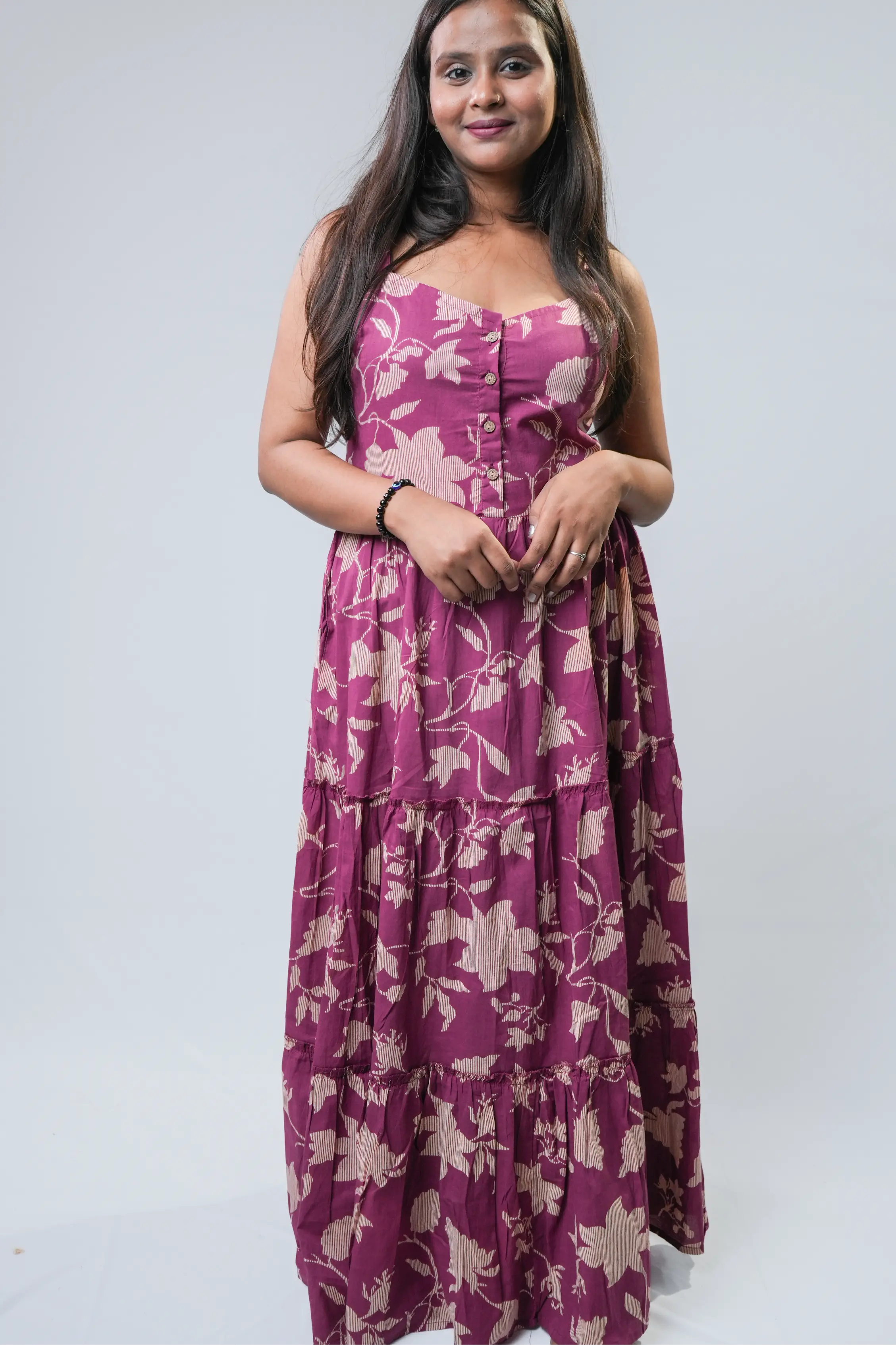 Mauve Blossom Spaghetti Strap Tiered Maxi Dress