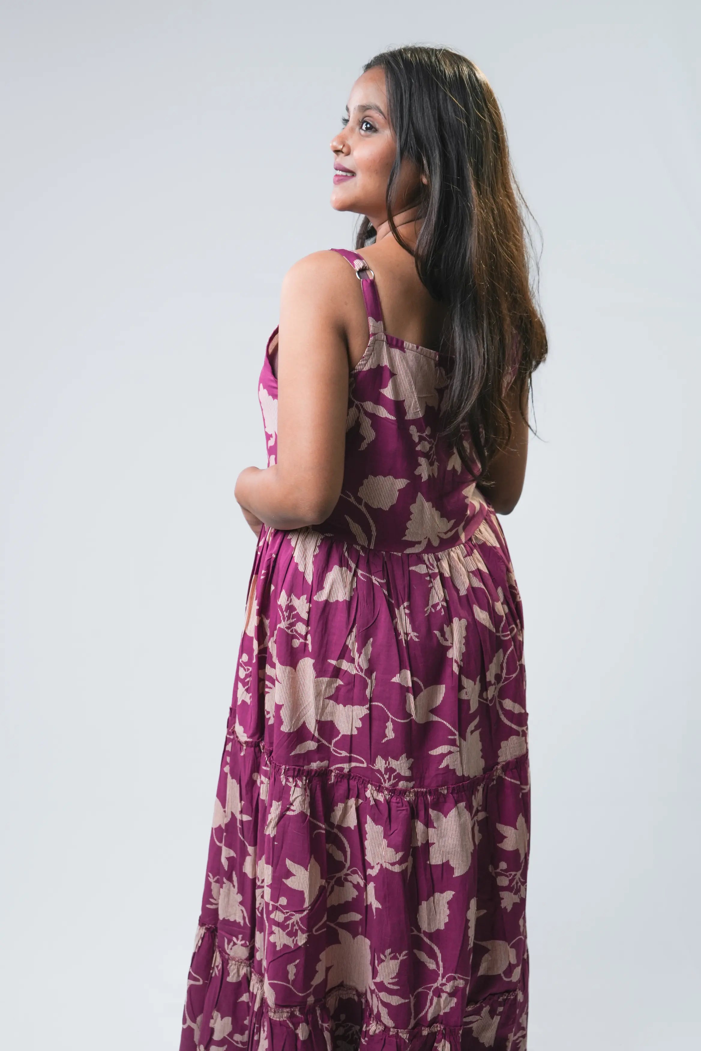 Mauve Blossom Spaghetti Strap Tiered Maxi Dress