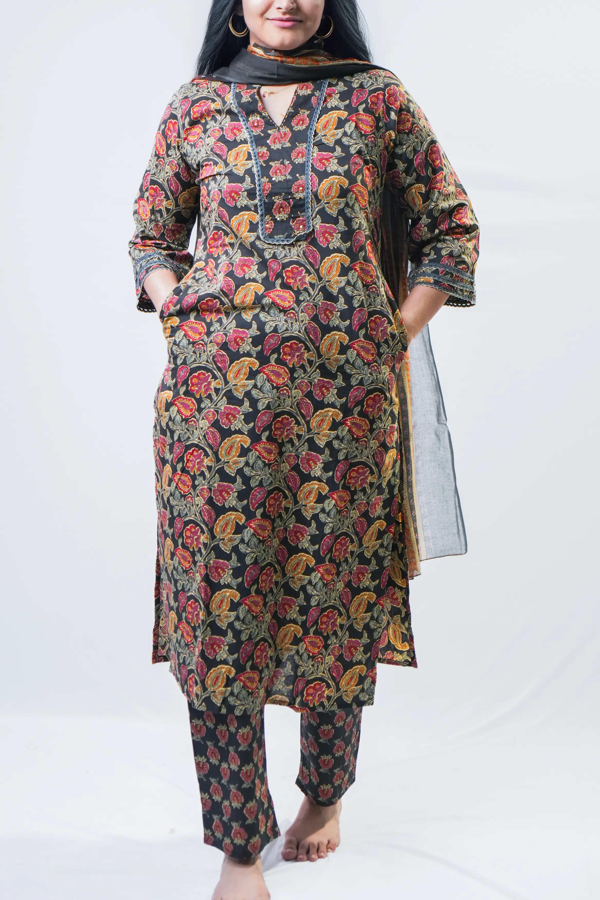Black Autumn Floral Print Straight Kurta Set with Dupatta