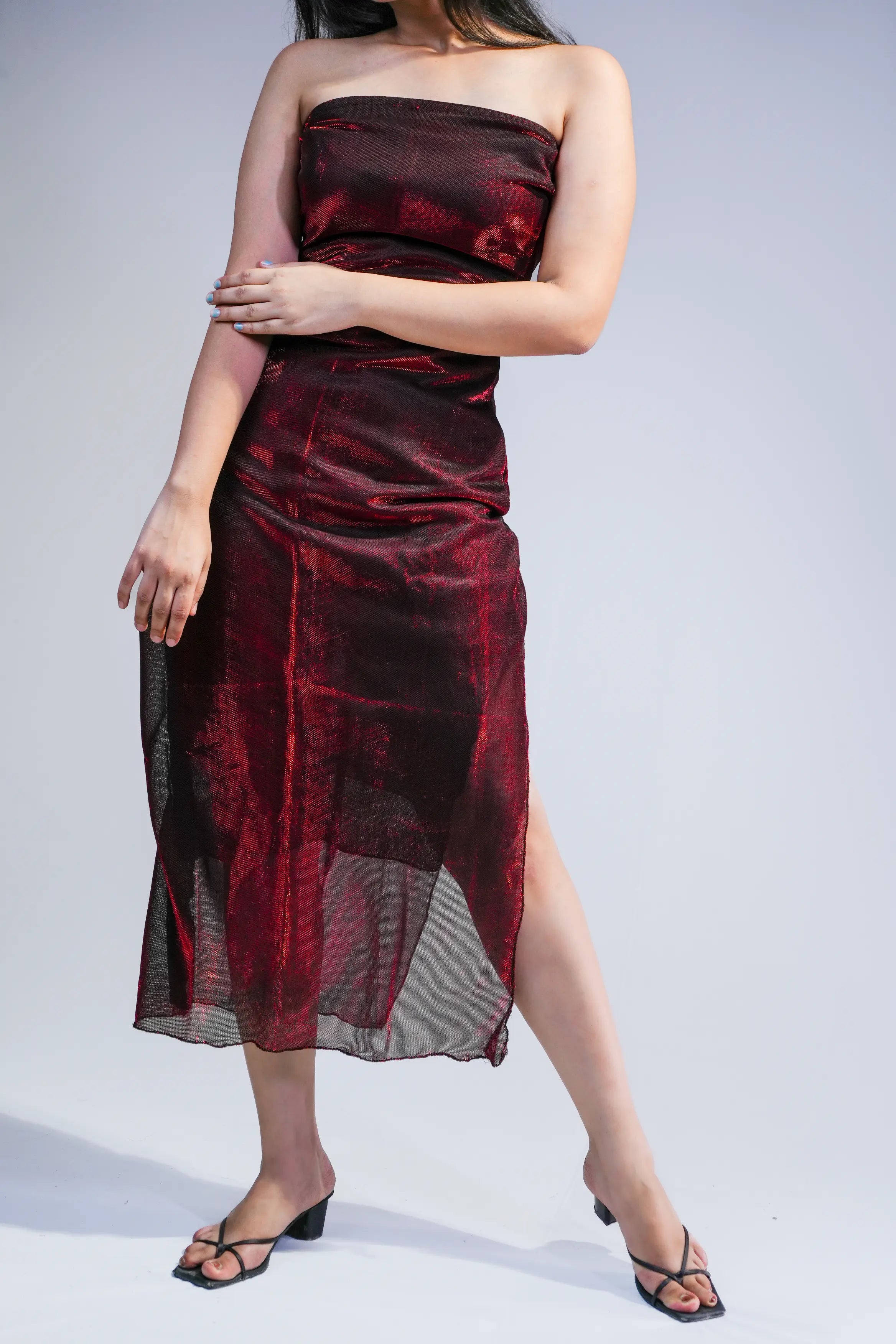Burgundy Velvet Strapless Bodycon Midi Dress