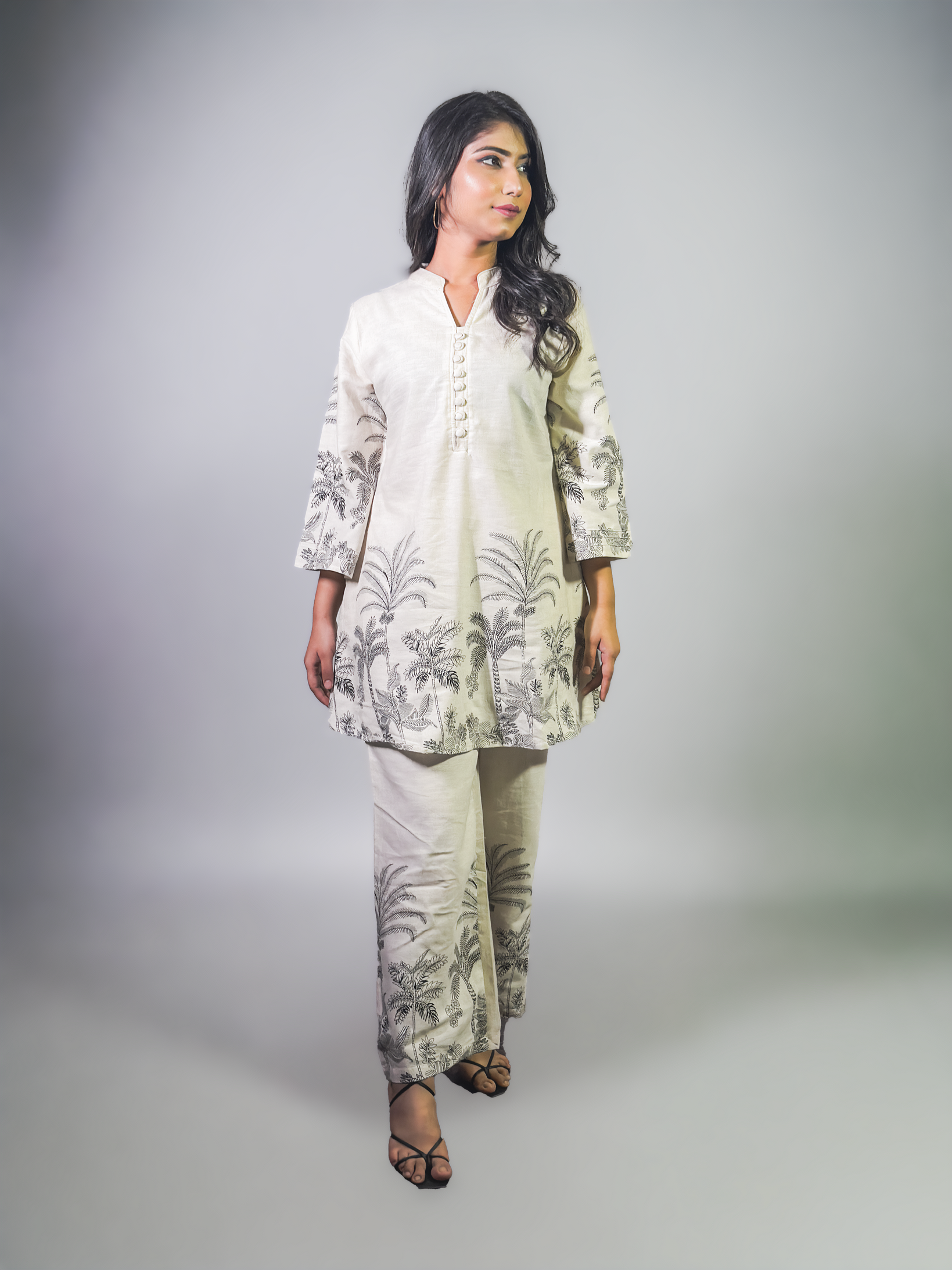 Ivory & Charcoal Hand block Palm Print Coord Set – Al-SS1-25-0002