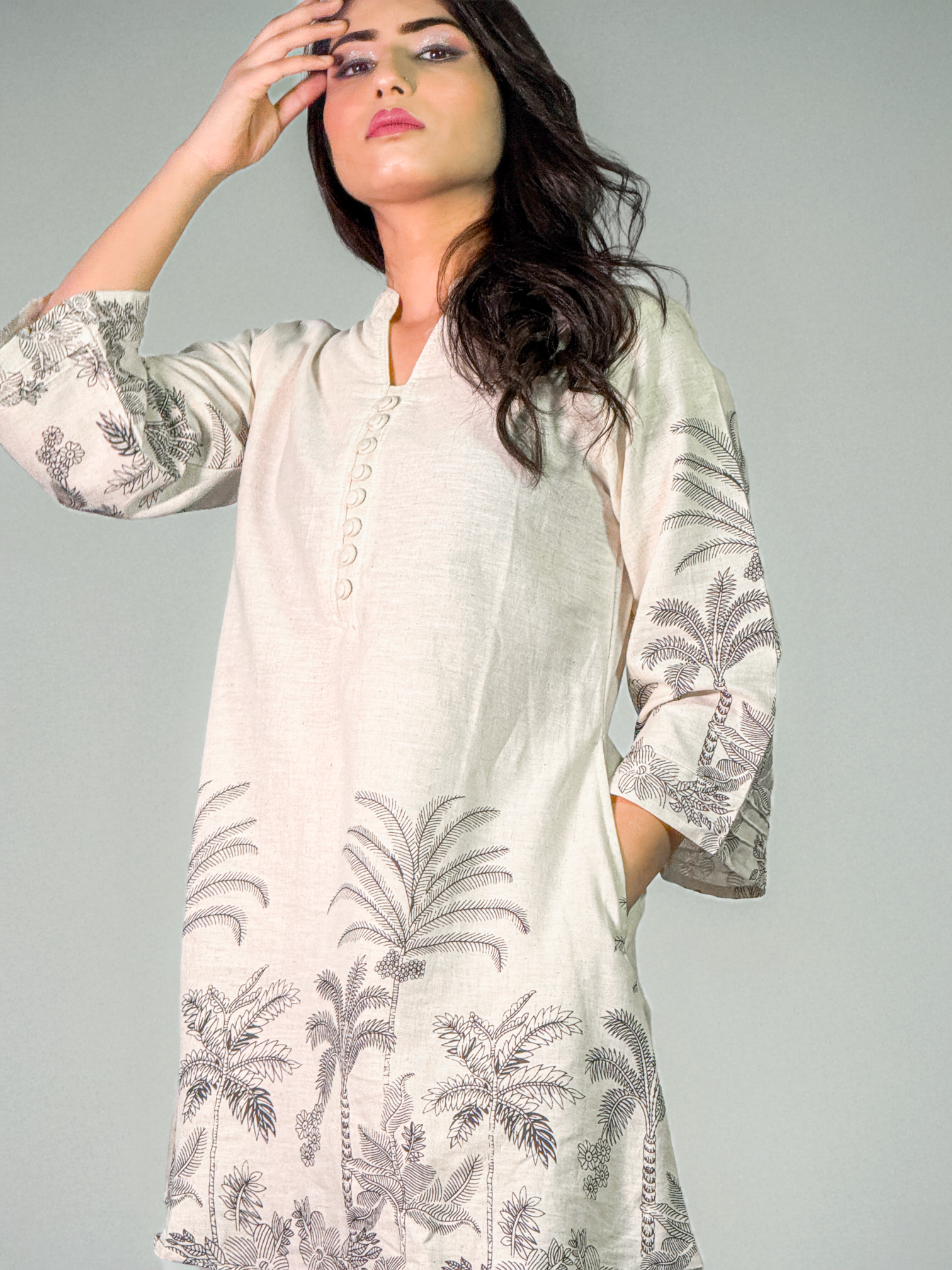 Ivory & Charcoal Hand block Palm Print Coord Set – Al-SS1-25-0002