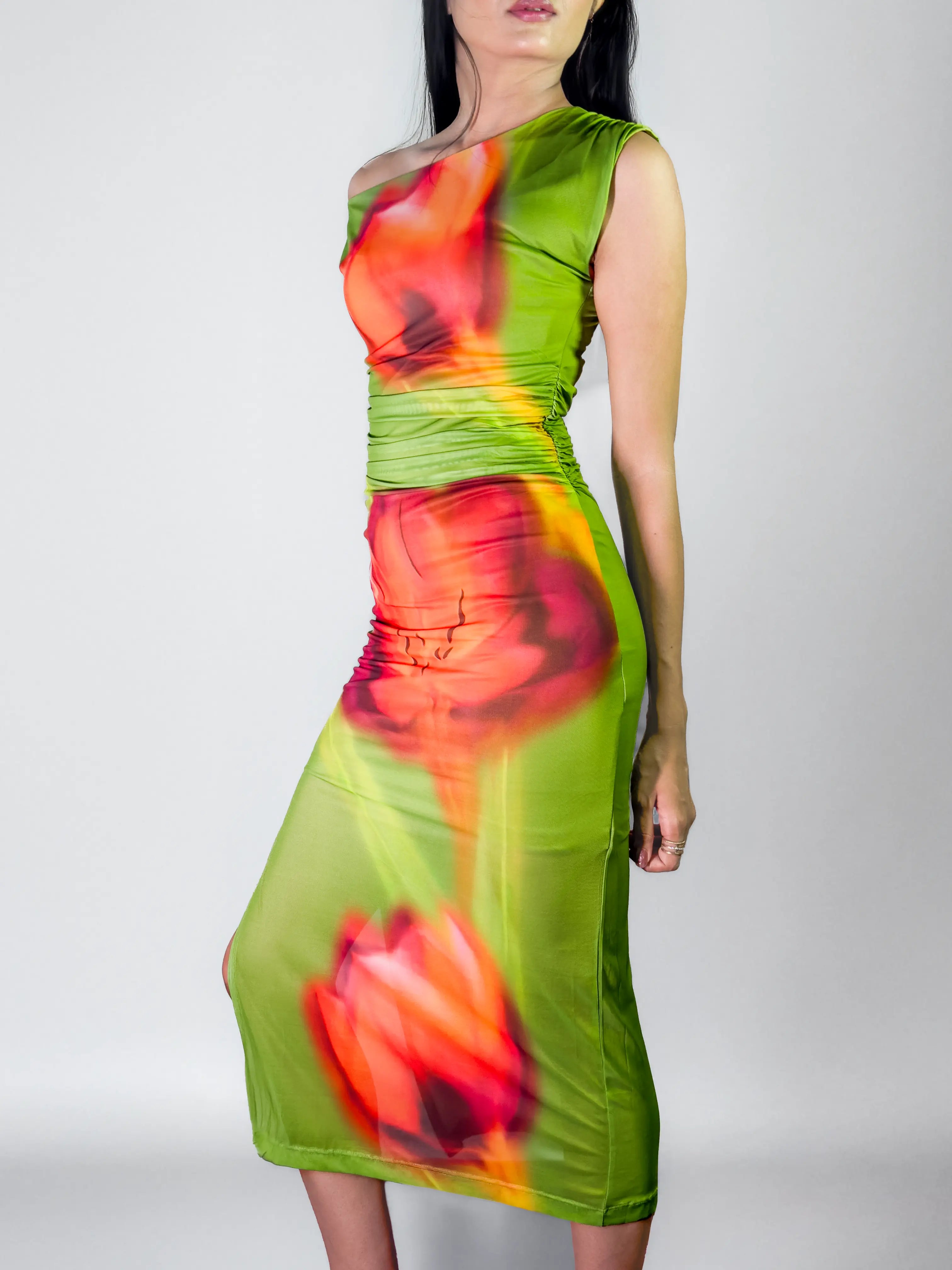 Green & Scarlet One-Shoulder Floral Bodycon Gown