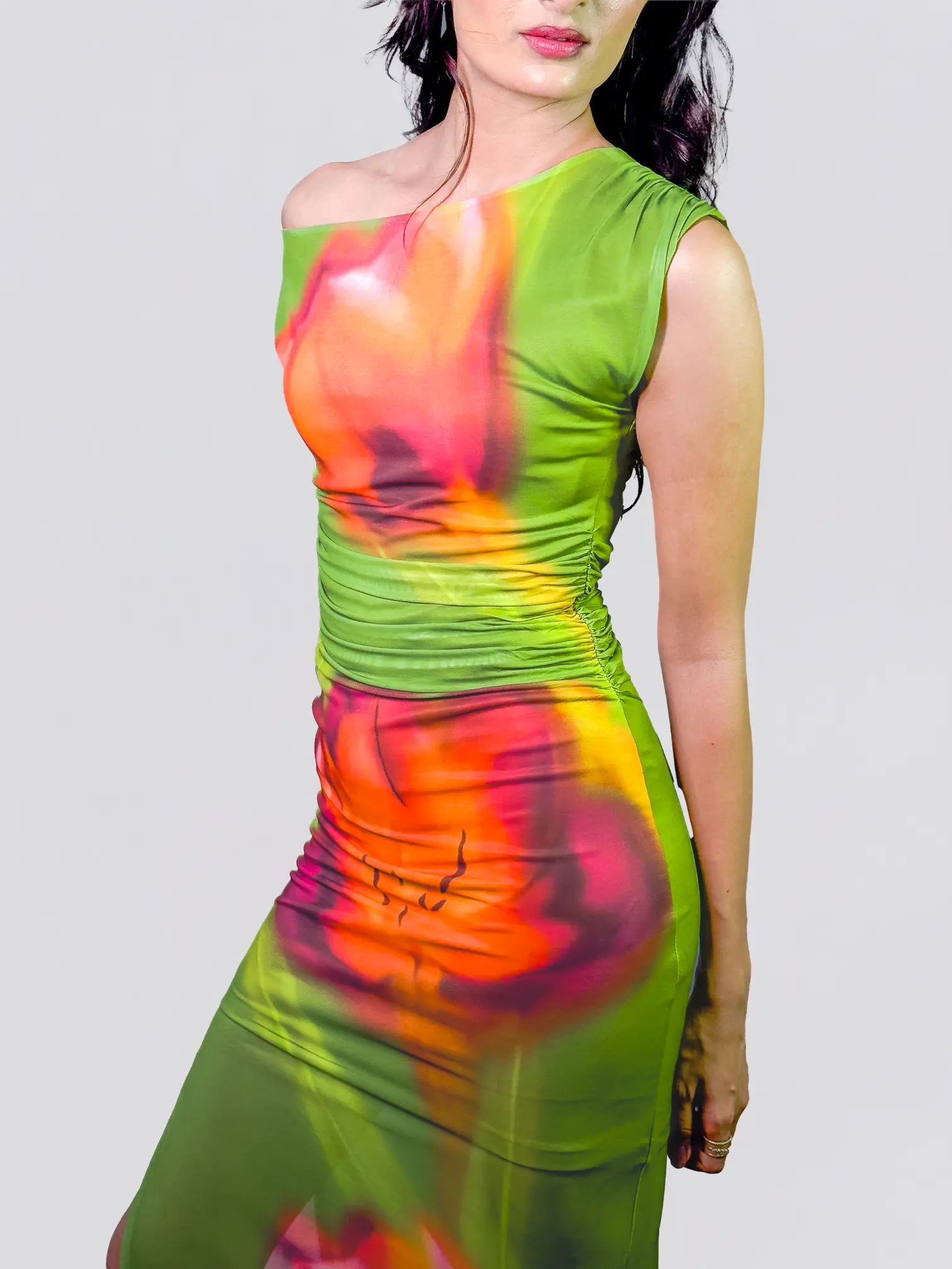 Green & Scarlet One-Shoulder Floral Bodycon Gown