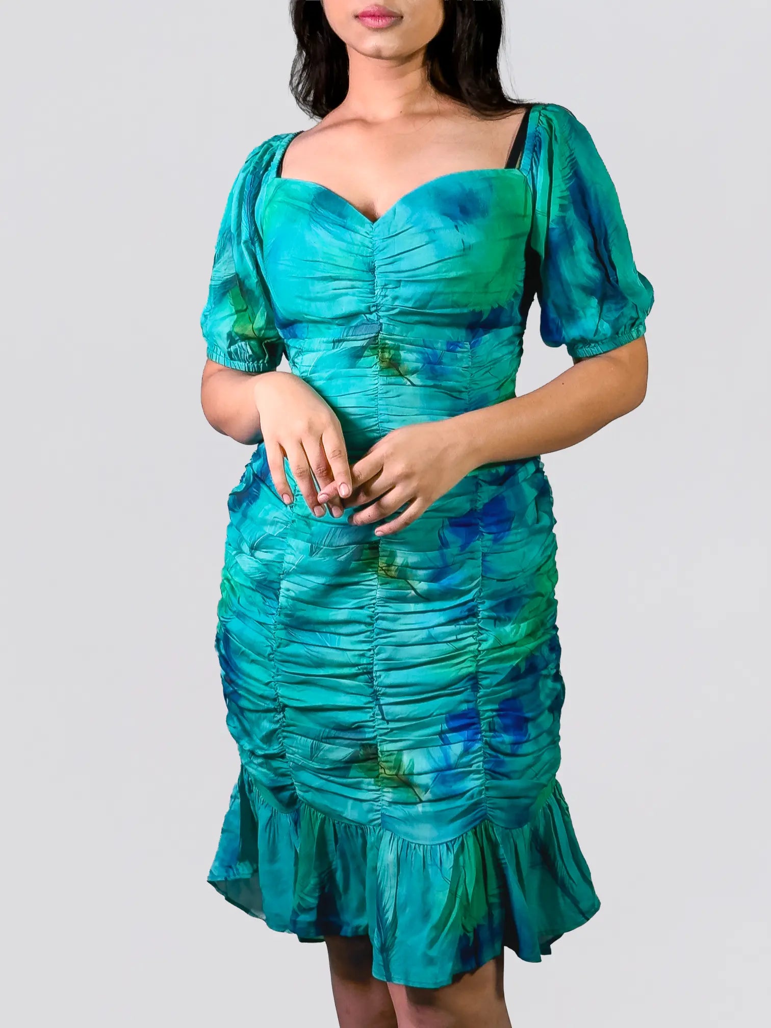 Aqua Blue Ruched Satin Mini Dress with Puff Sleeves