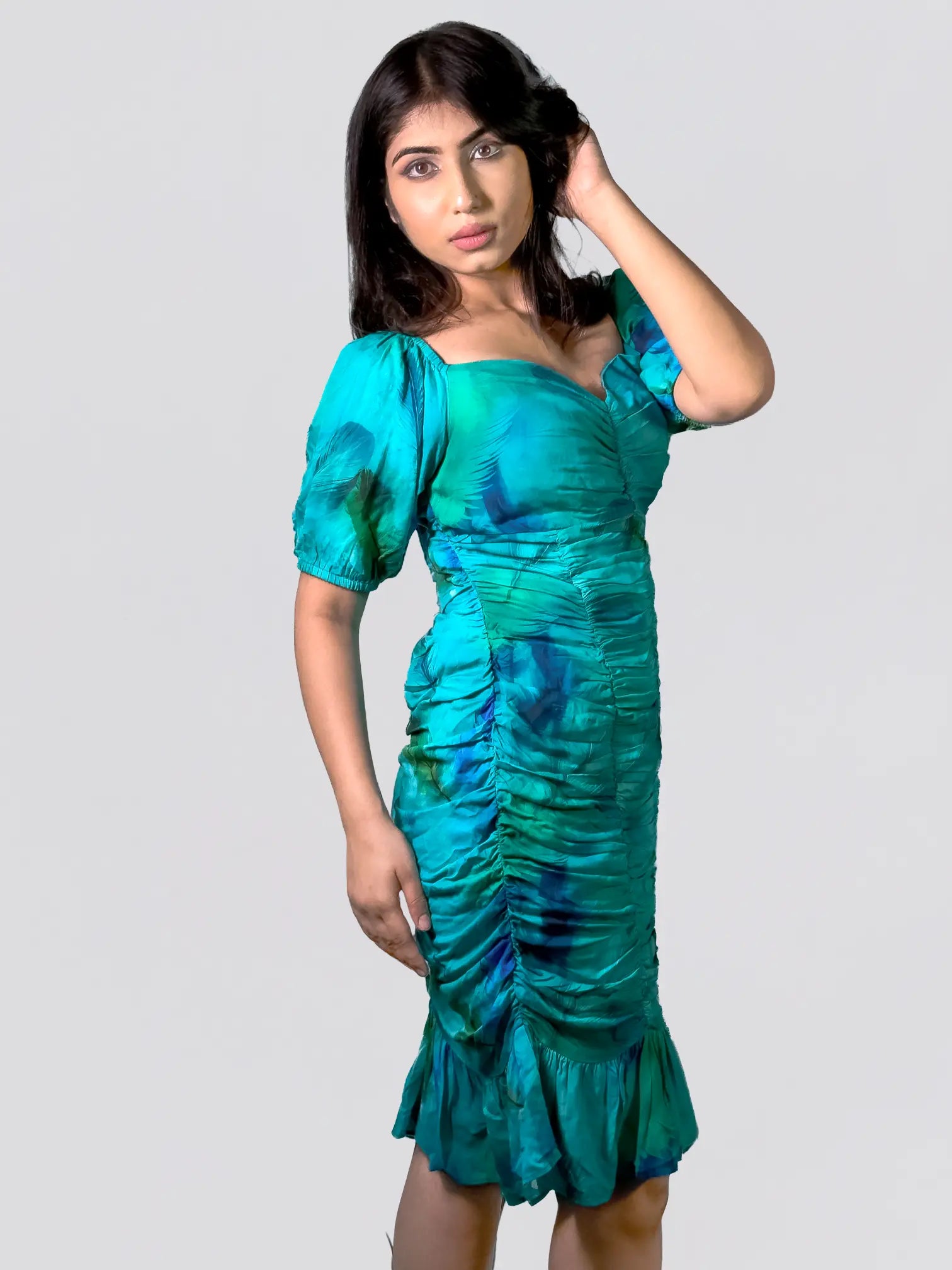 Aqua Blue Ruched Satin Mini Dress with Puff Sleeves