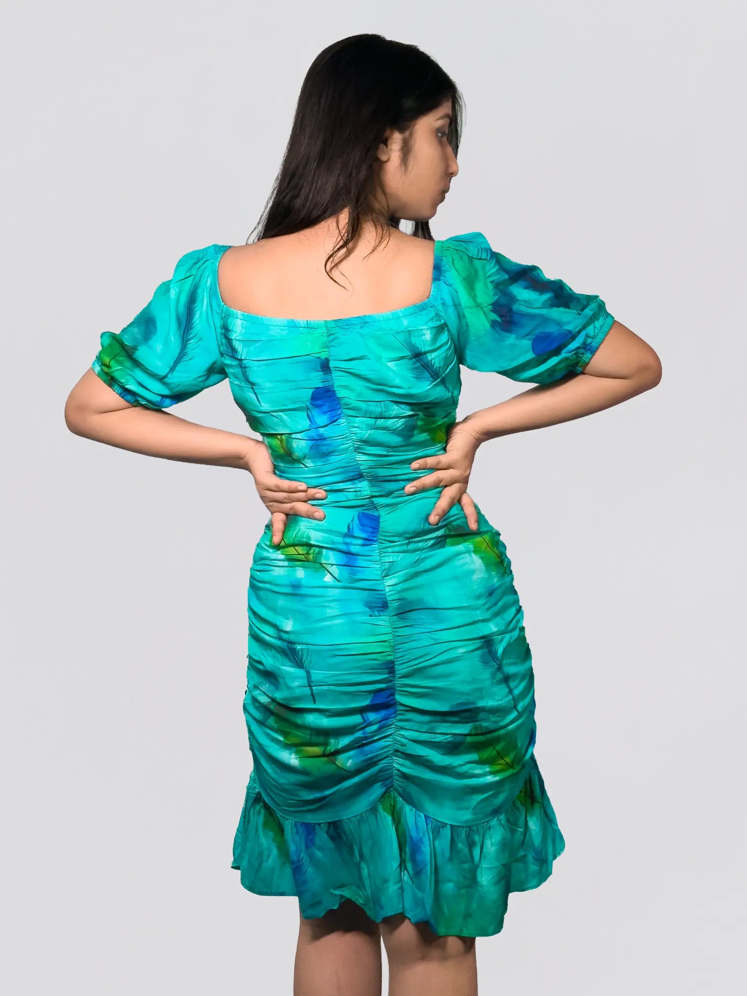 Aqua Blue Ruched Satin Mini Dress with Puff Sleeves