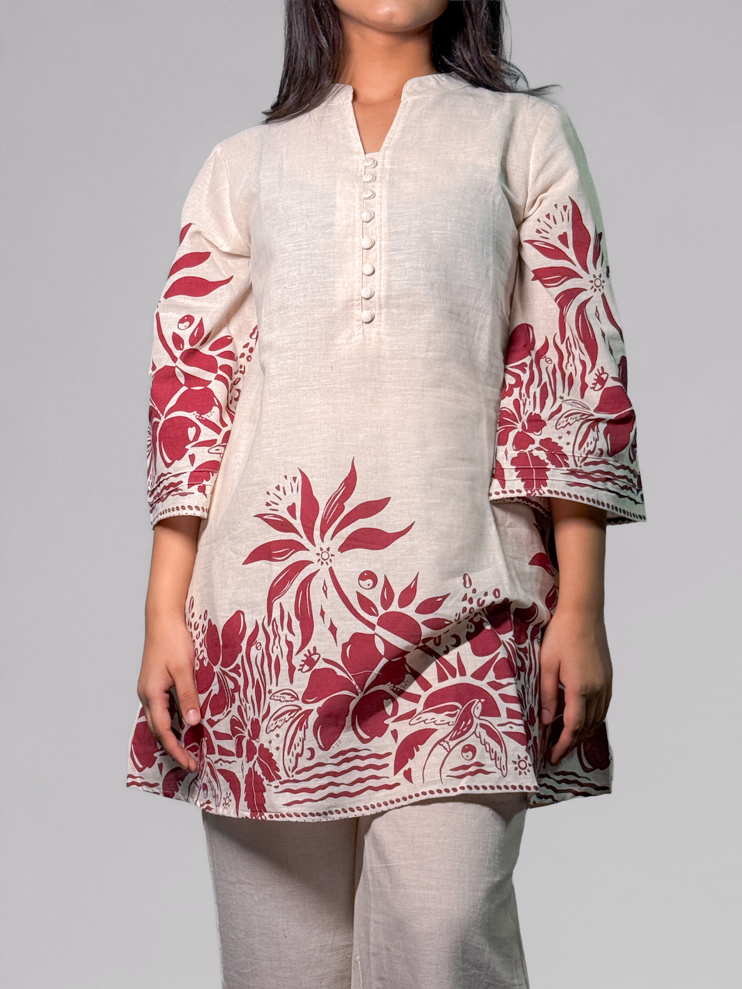 Ivory & Maroon Hand block Printed Floral Coord Set – Al-SS1-25-0003
