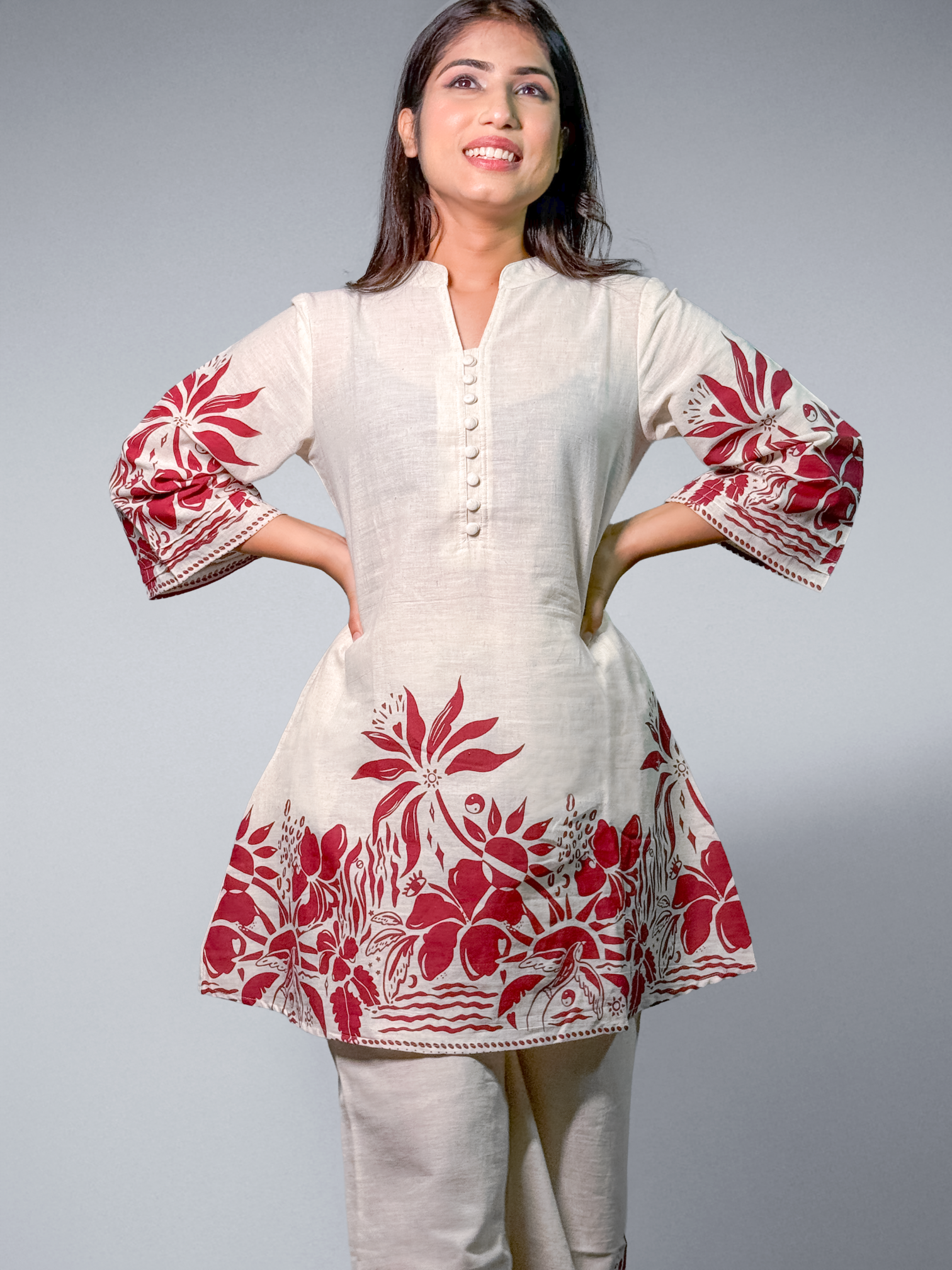 Ivory & Maroon Hand block Printed Floral Coord Set – Al-SS1-25-0003