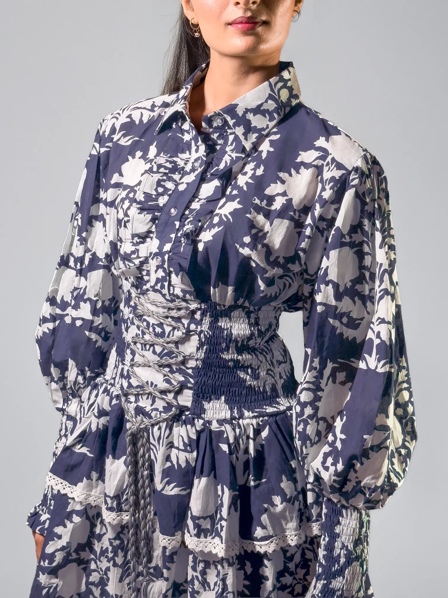 Black & Ivory Botanical Print Tiered Mini Dress – Al-SS1-25-2004