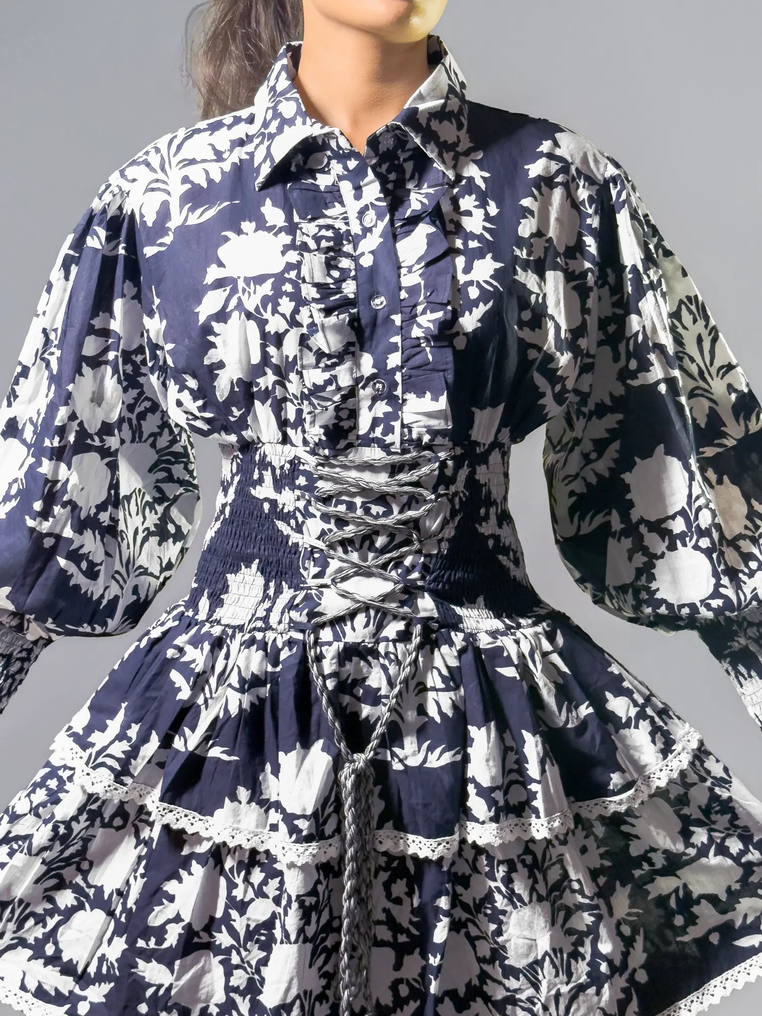 Black & Ivory Botanical Print Tiered Mini Dress – Al-SS1-25-2004