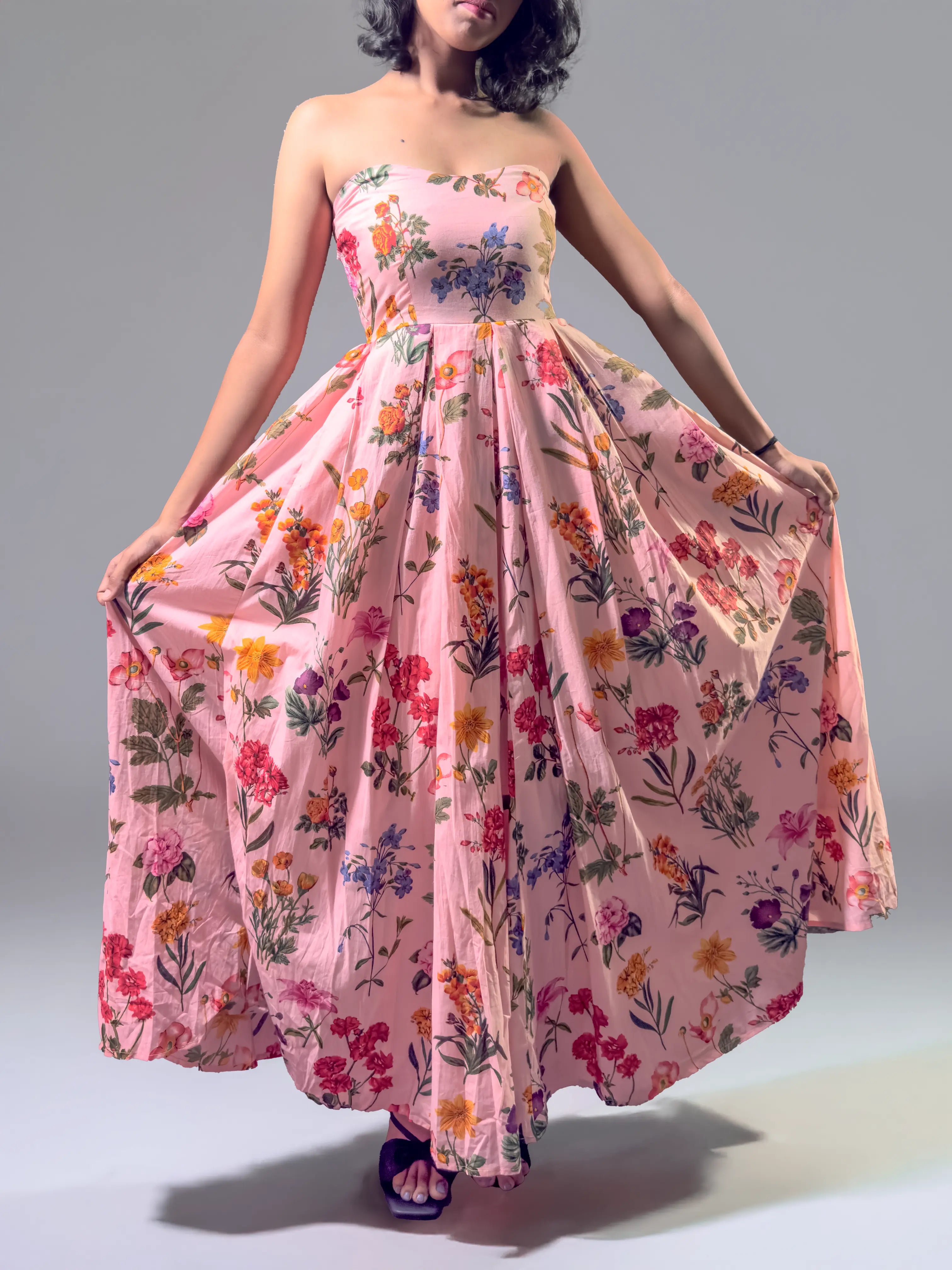 Peach Floral Symphony Strapless Maxi Dress