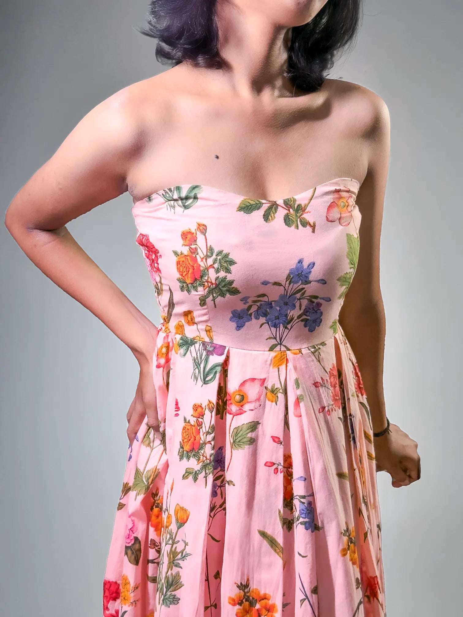 Peach Floral Symphony Strapless Maxi Dress