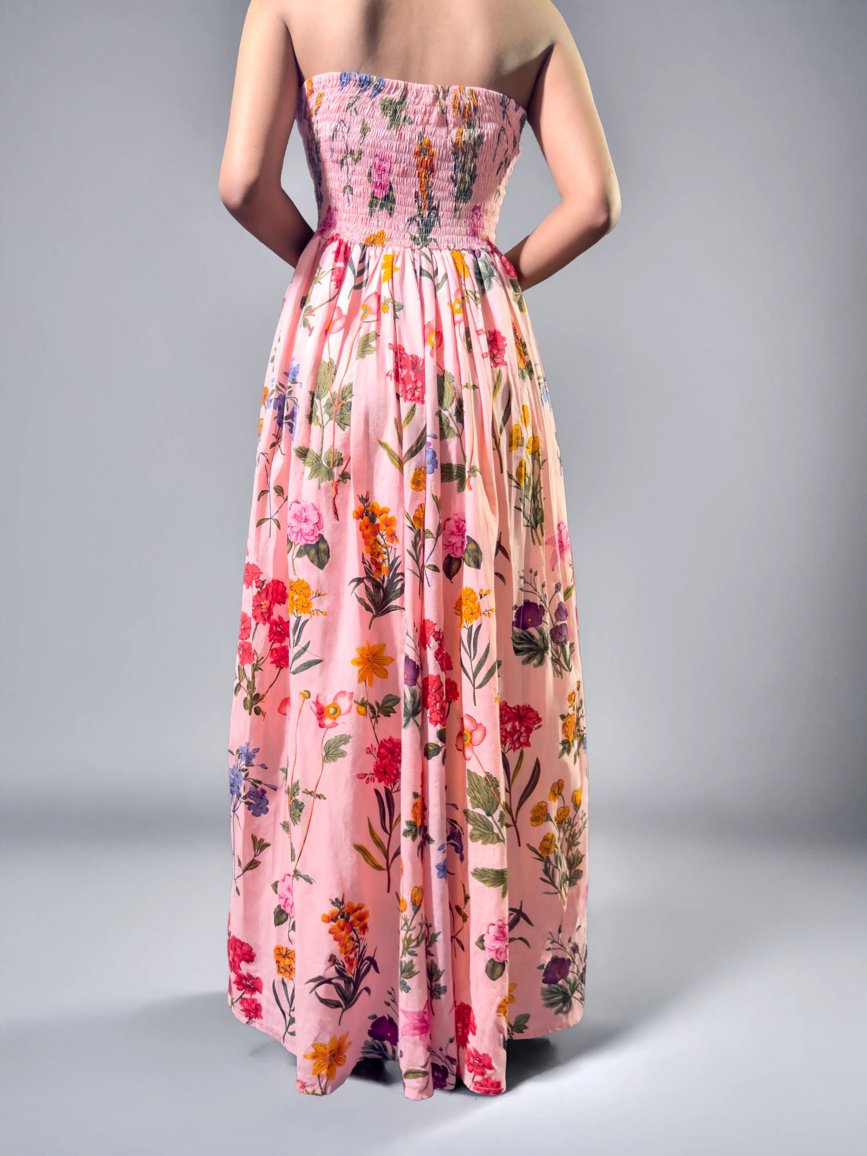 Peach Floral Symphony Strapless Maxi Dress