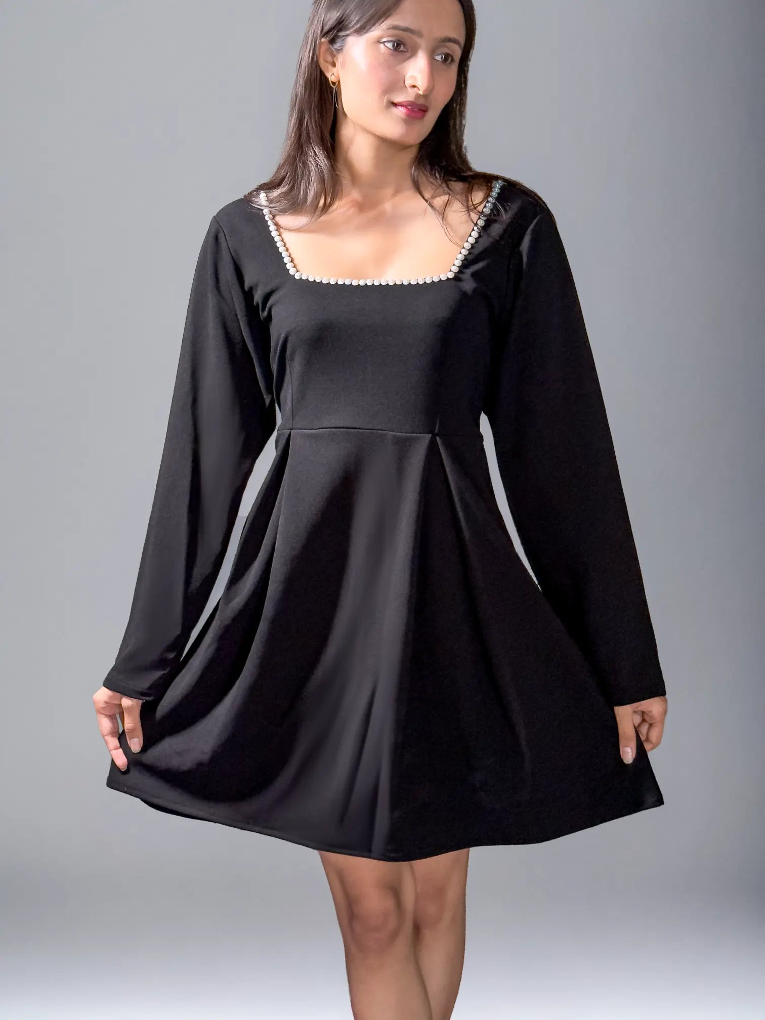 Black Solid Long Dress with Pearl Neckline (AL-SS1-25-4004)