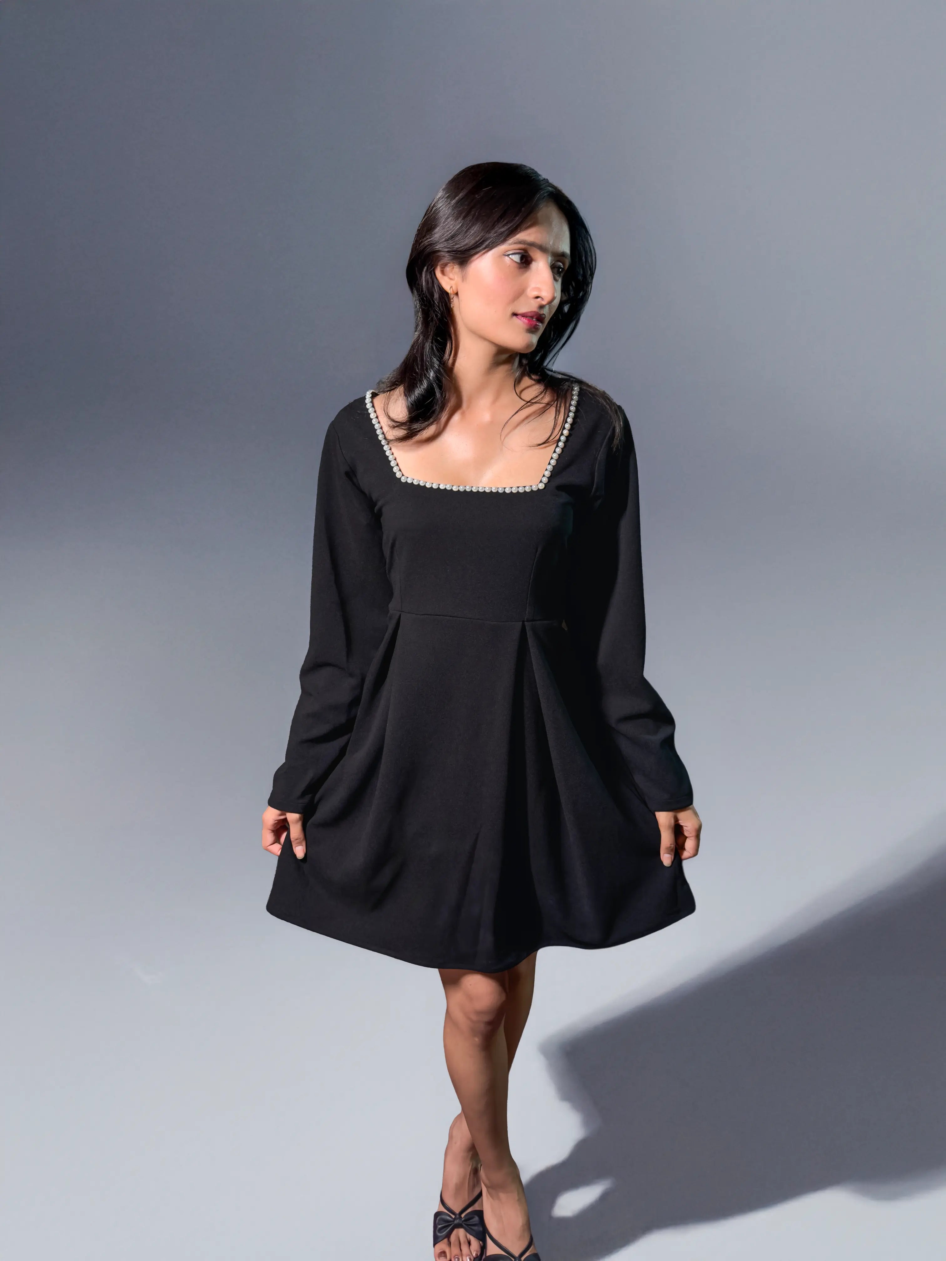 Black Solid Long Dress with Pearl Neckline (AL-SS1-25-4004)