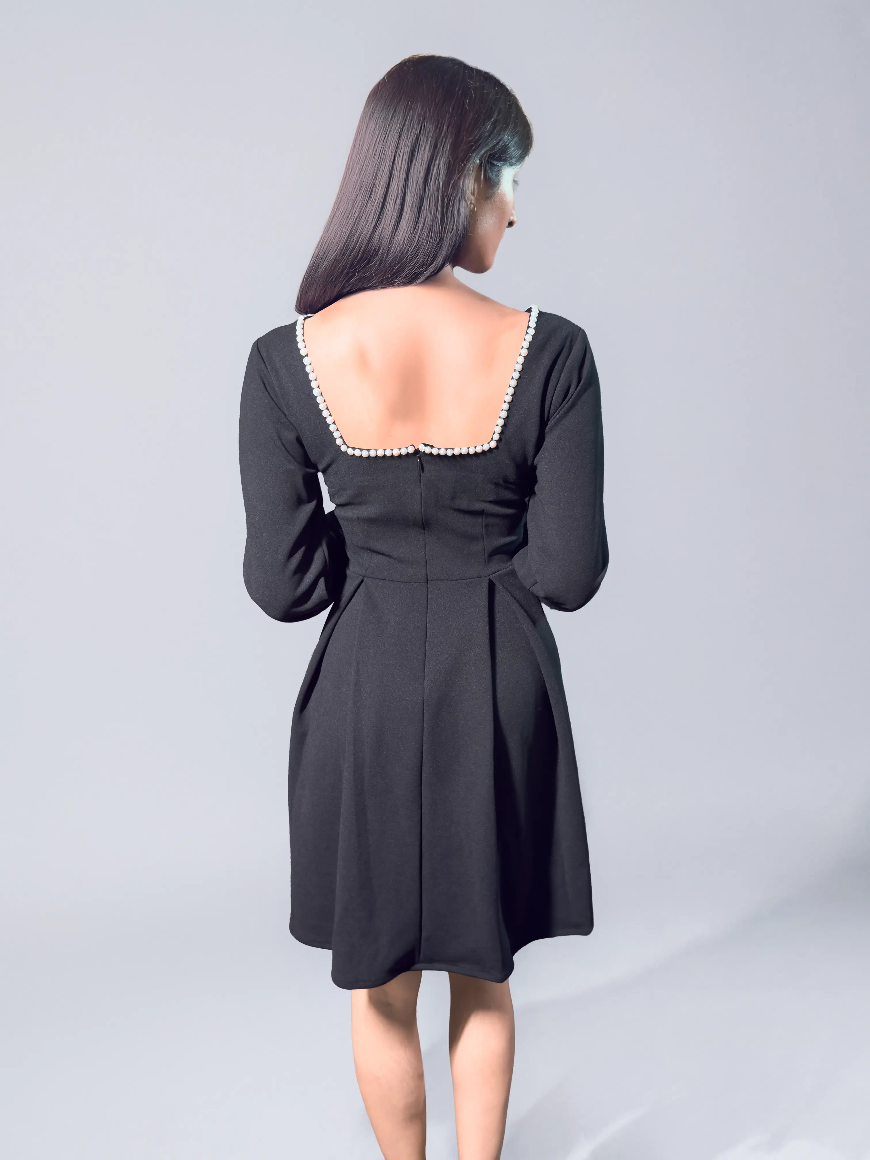 Black Solid Long Dress with Pearl Neckline (AL-SS1-25-4004)