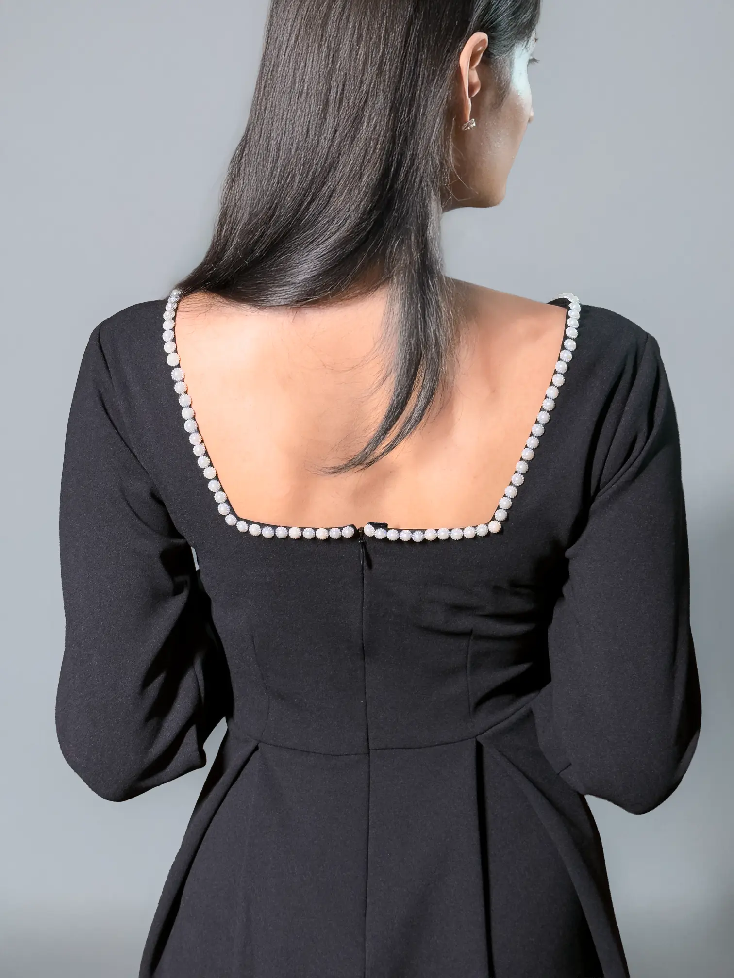Black Solid Long Dress with Pearl Neckline (AL-SS1-25-4004)