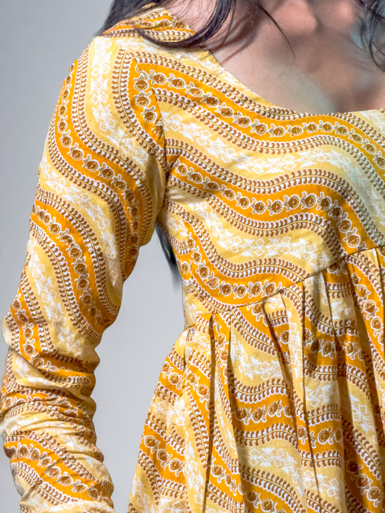 Sunset Mustard Block Print Gathered Top (AL-SS1-25-1000)