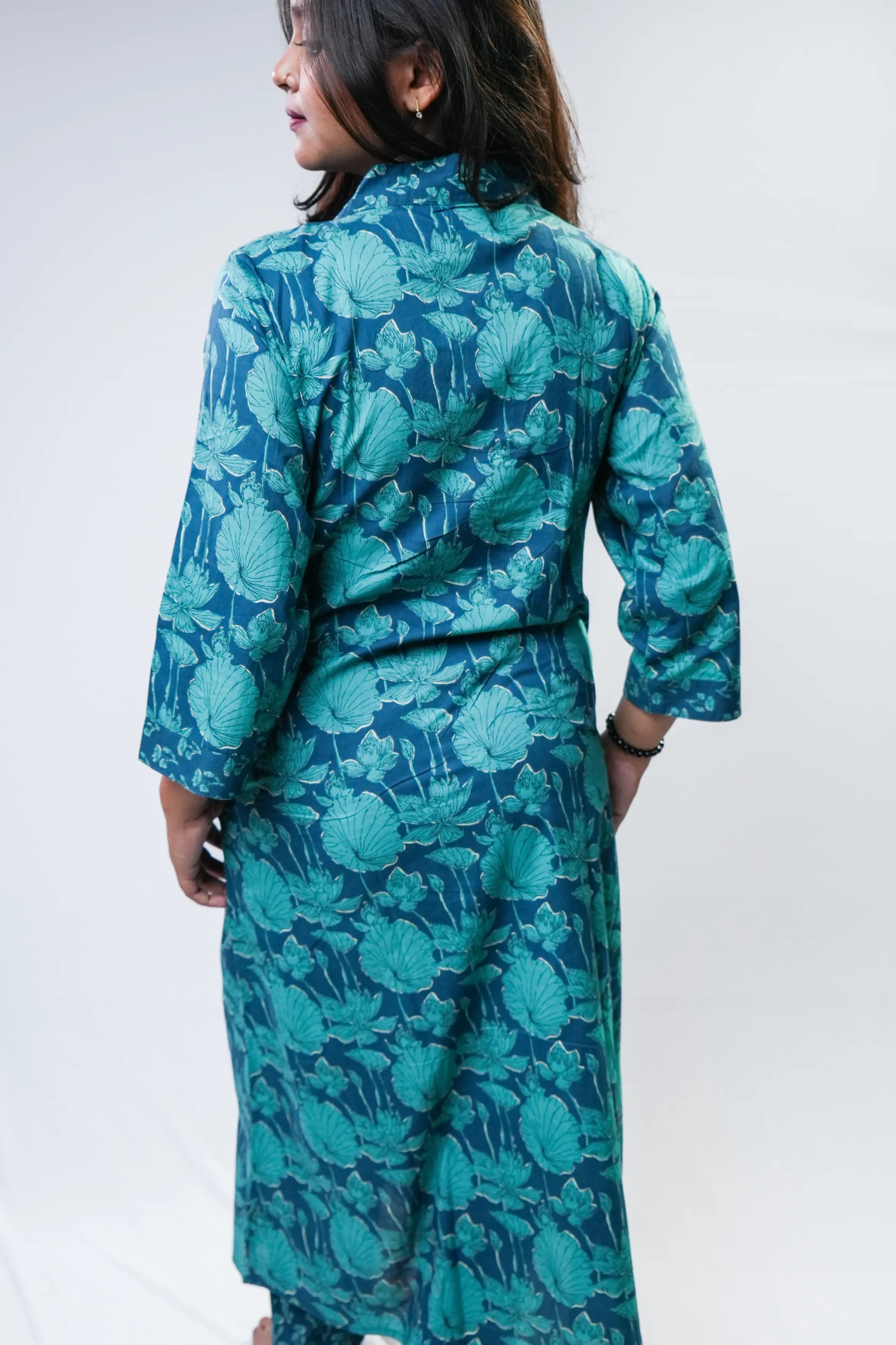 Teal Floral Rayon A-Line Kurta Set with Dupatta