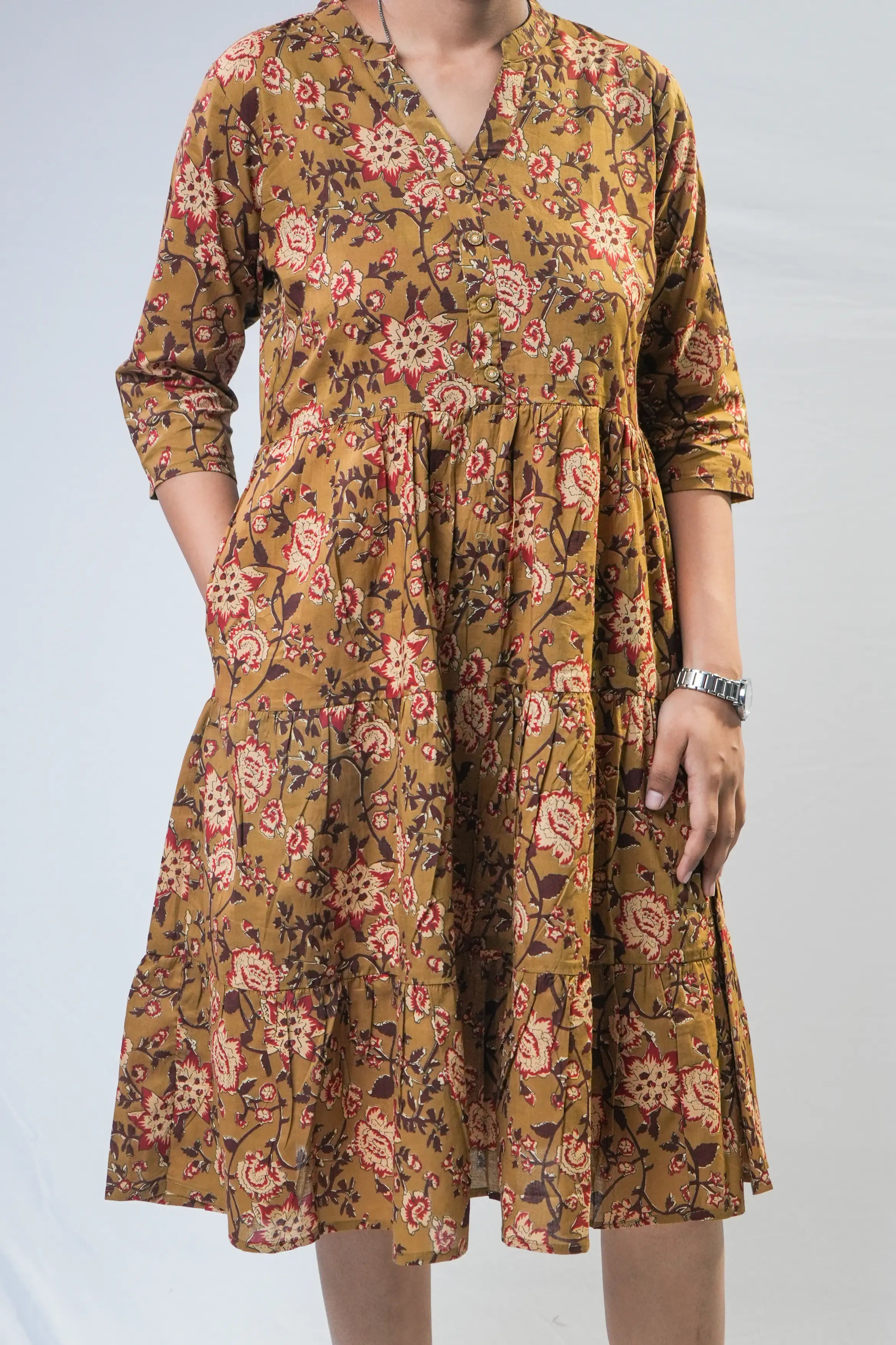 Mustard Floral Cotton Fit & Flare Midi Dress