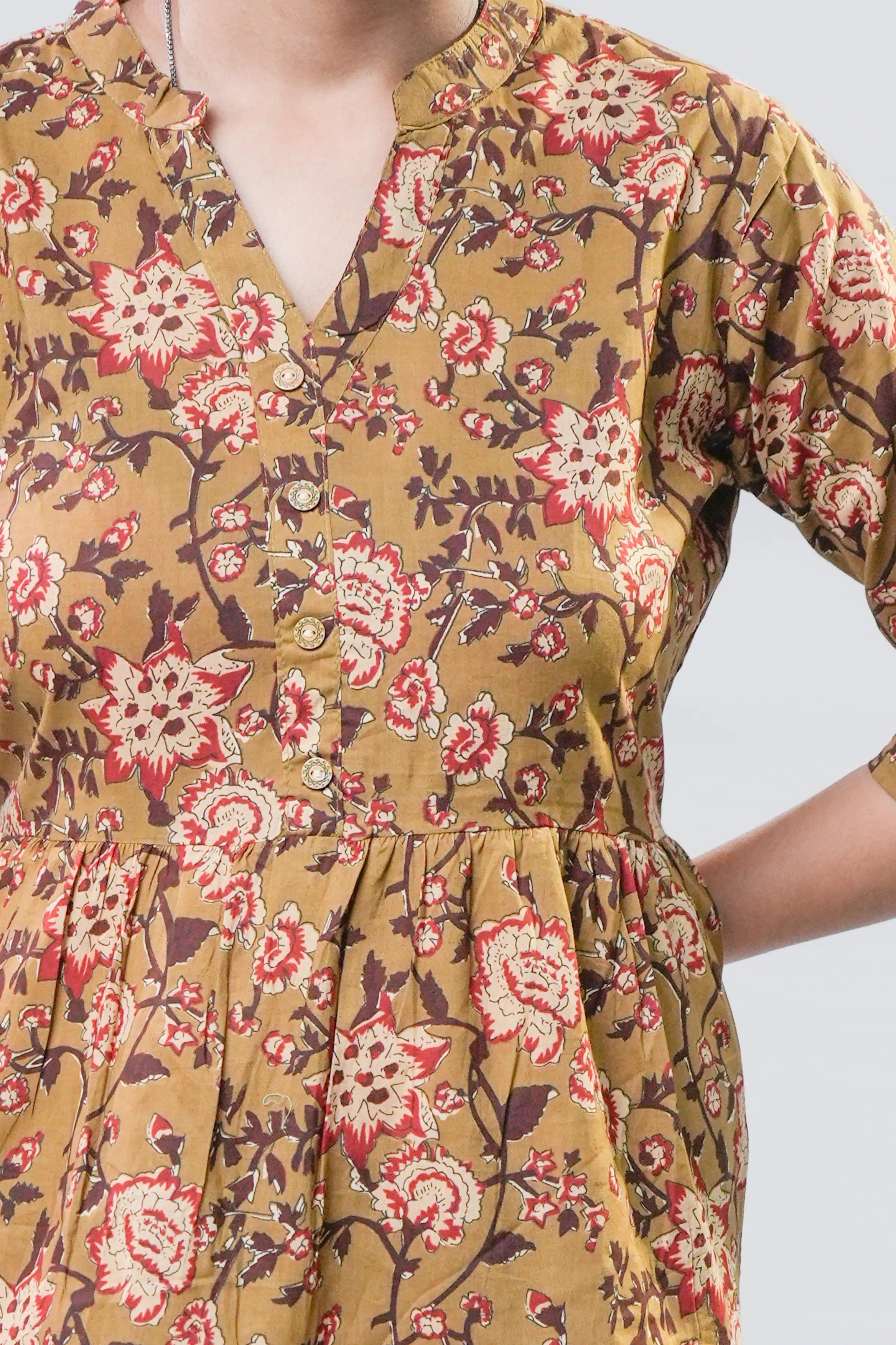 Mustard Floral Cotton Fit & Flare Midi Dress
