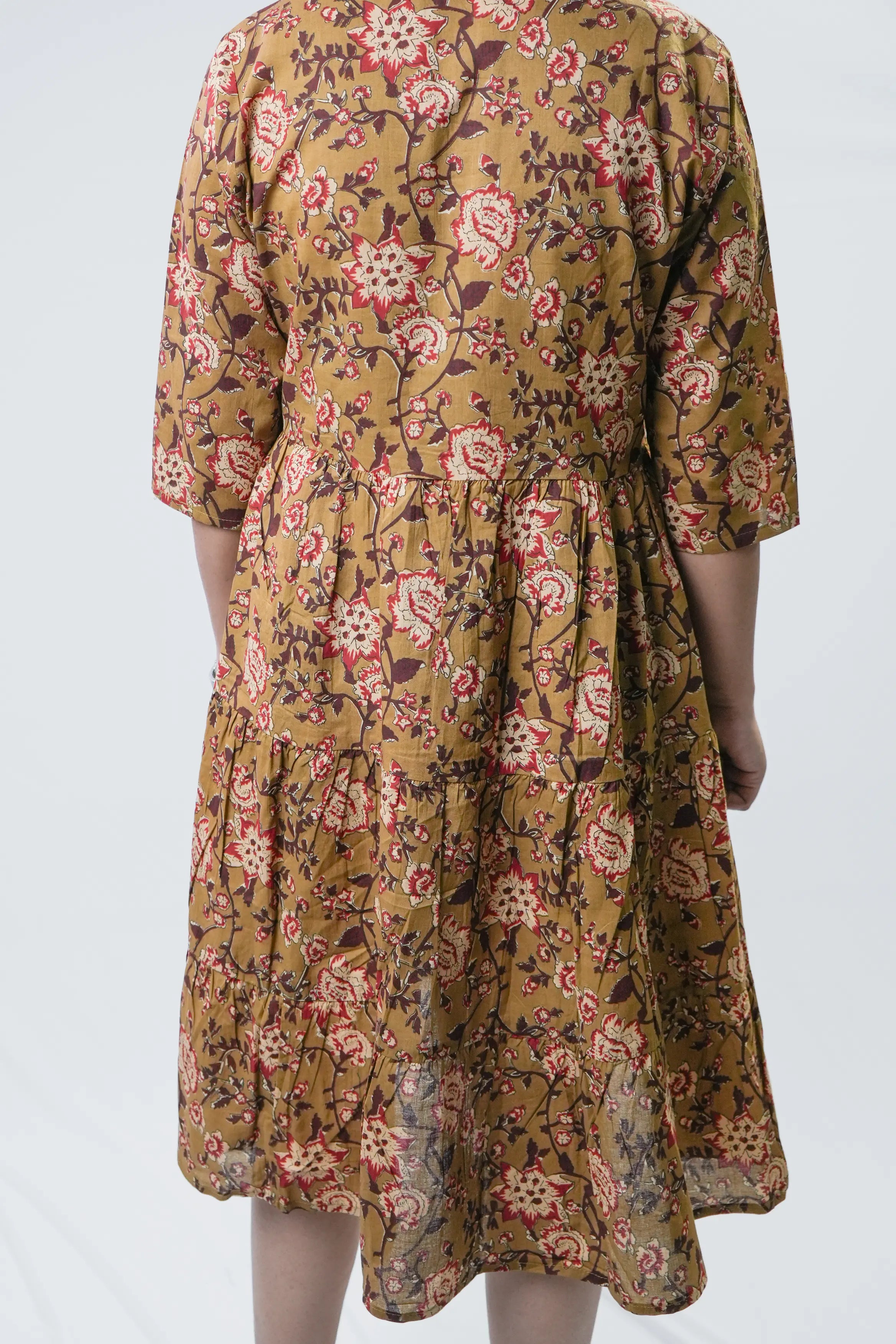 Mustard Floral Cotton Fit & Flare Midi Dress