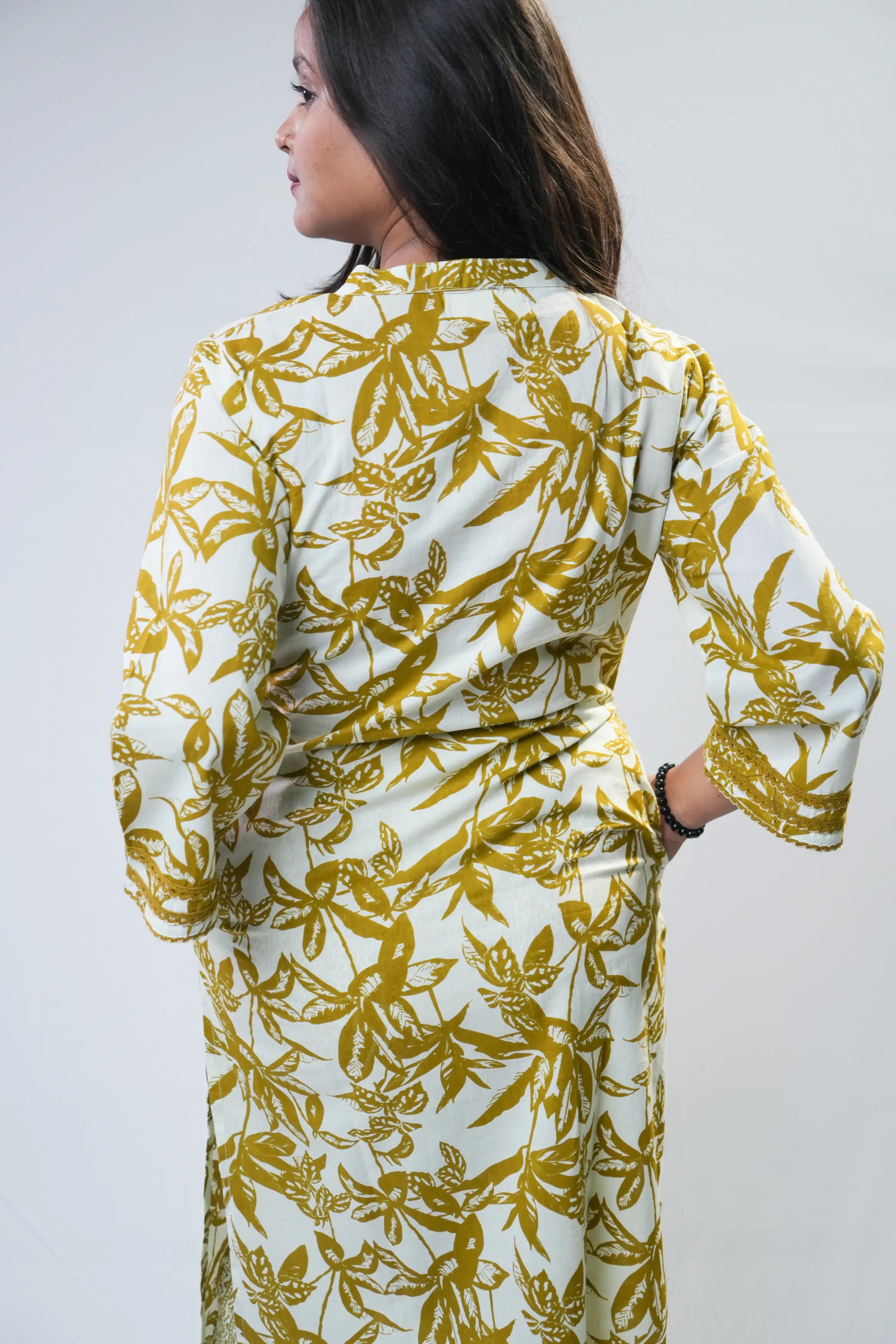 Mustard Floral Cotton Straight Kurta Set with Dupatta