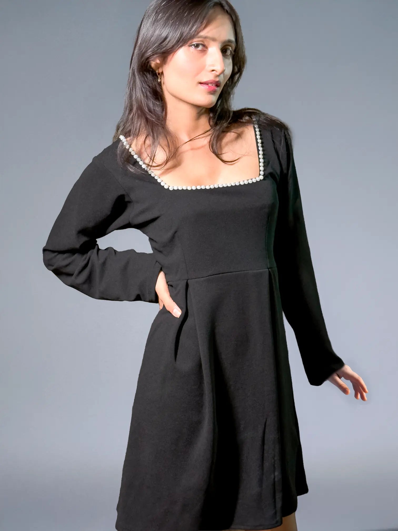 Black Solid Long Dress with Pearl Neckline (AL-SS1-25-4004)