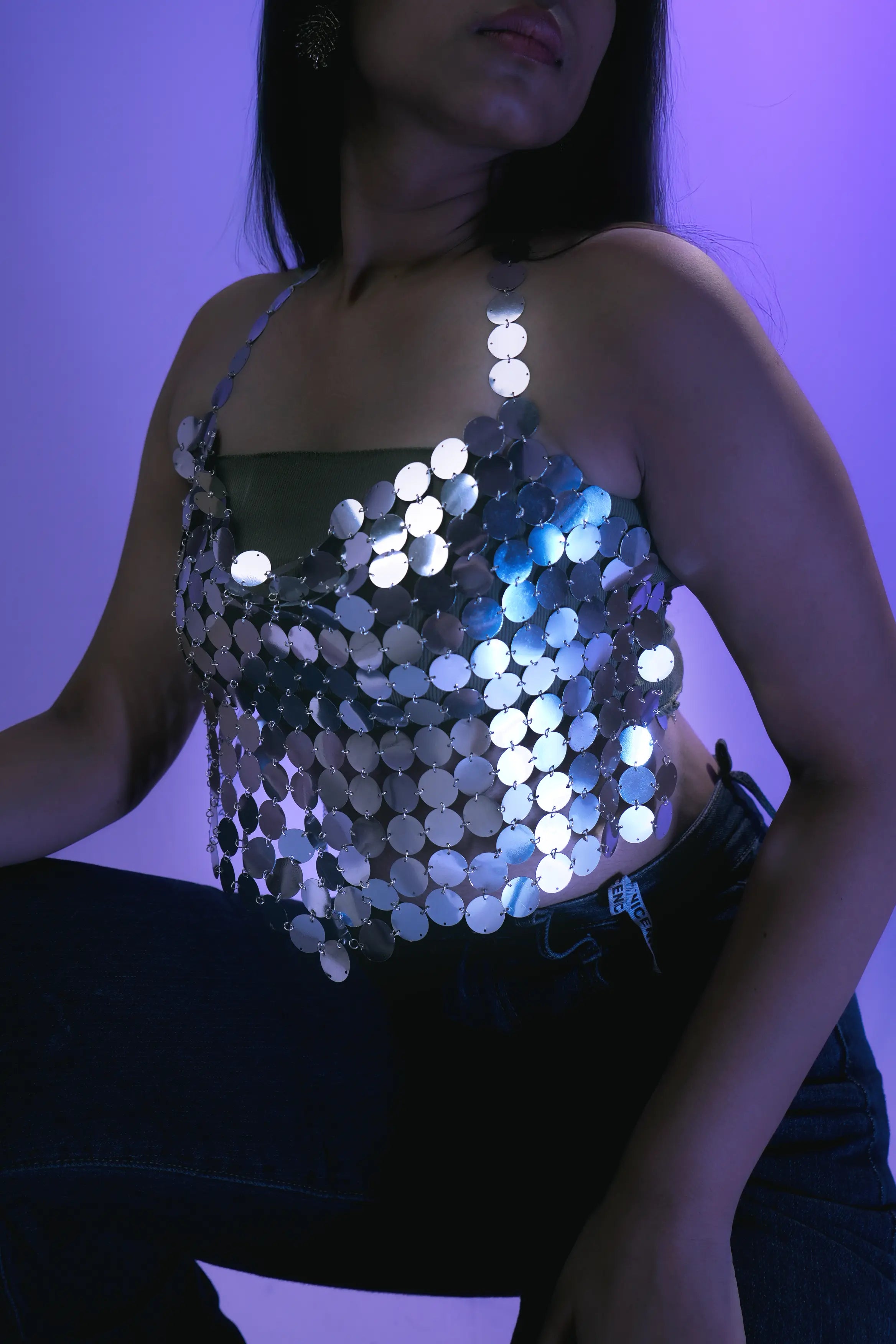 Silver Mirror Sequin Halter Top