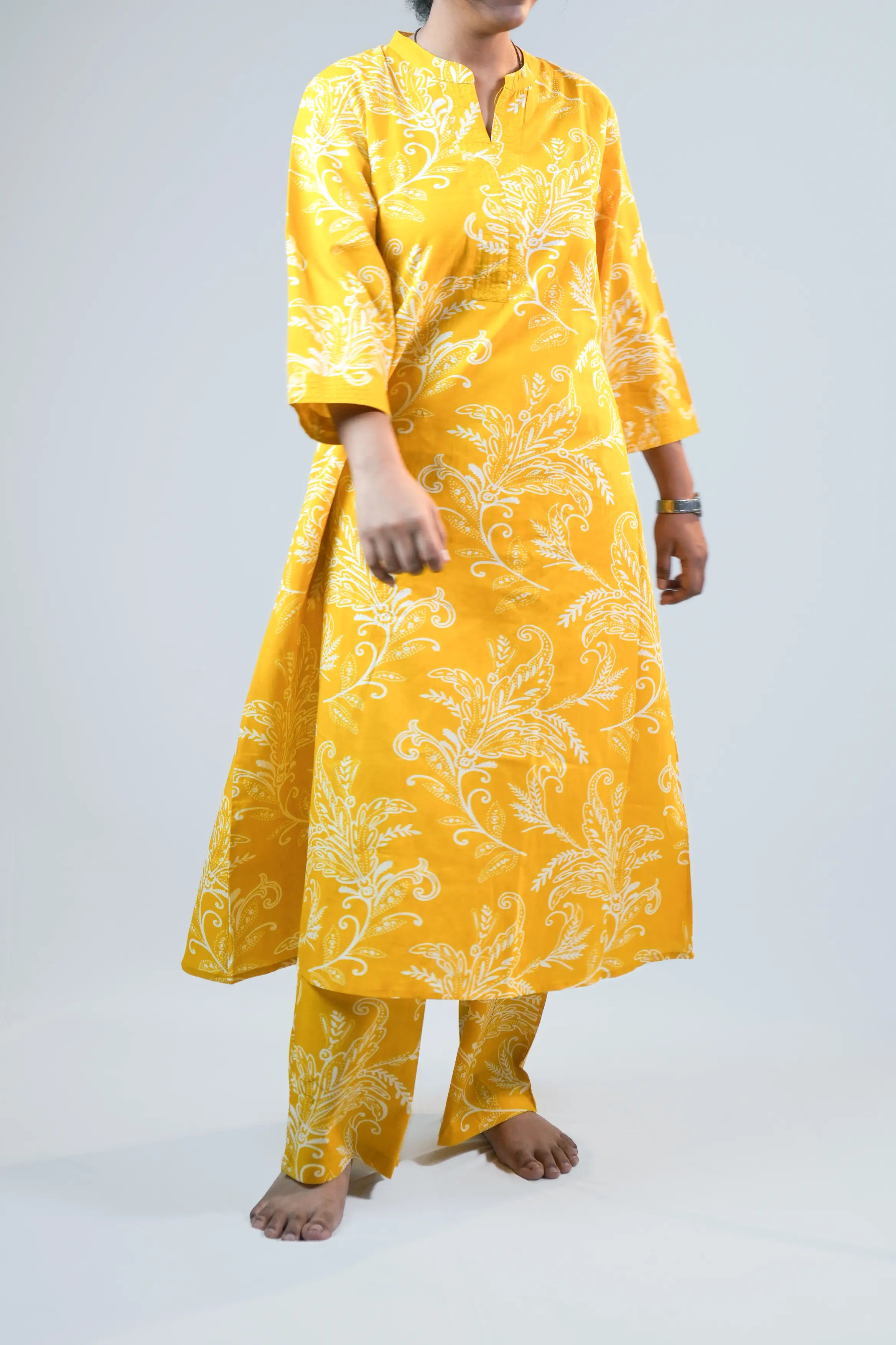 Yellow Floral Printed Kurta with Matching Pants