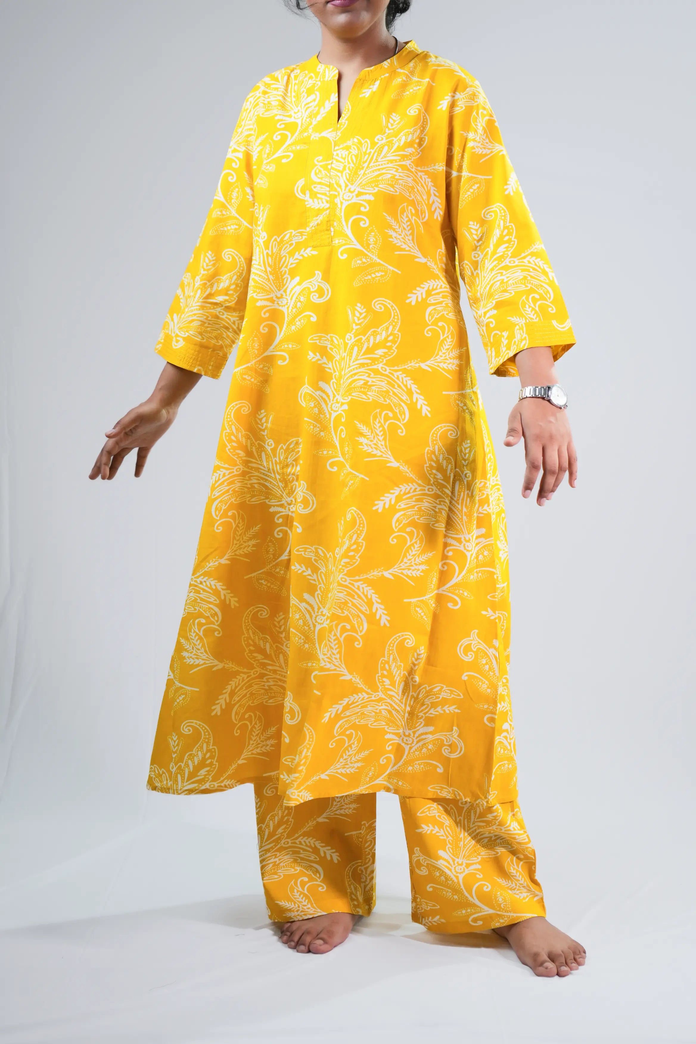 Yellow Floral Printed Kurta with Matching Pants