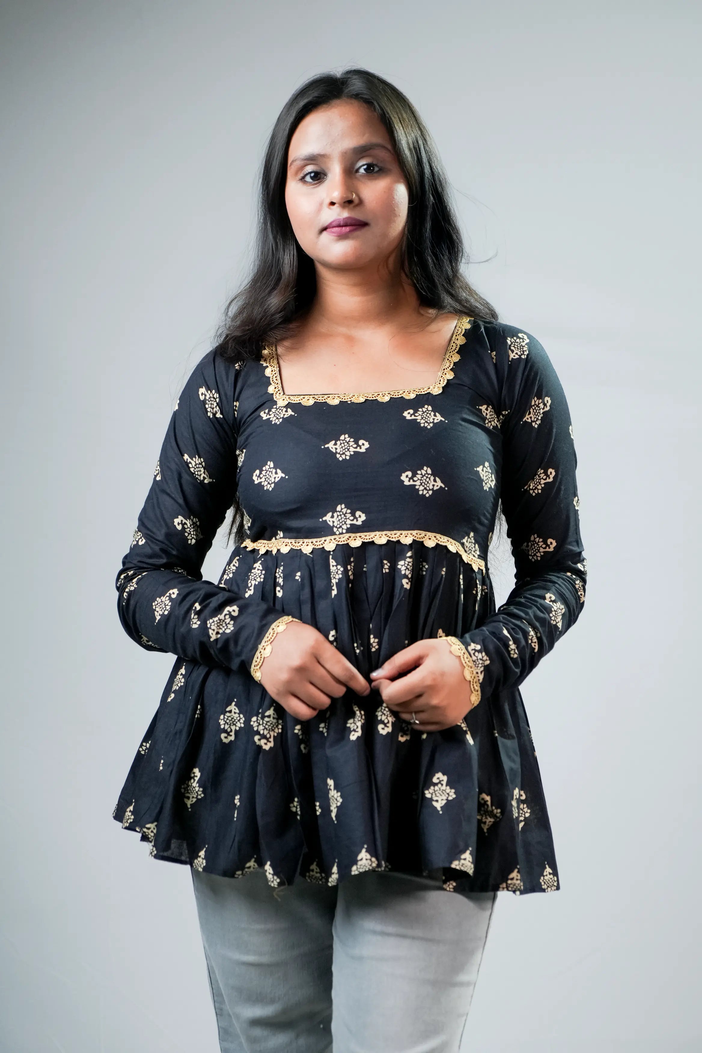 Black & Gold Printed Peplum Ethnic Top