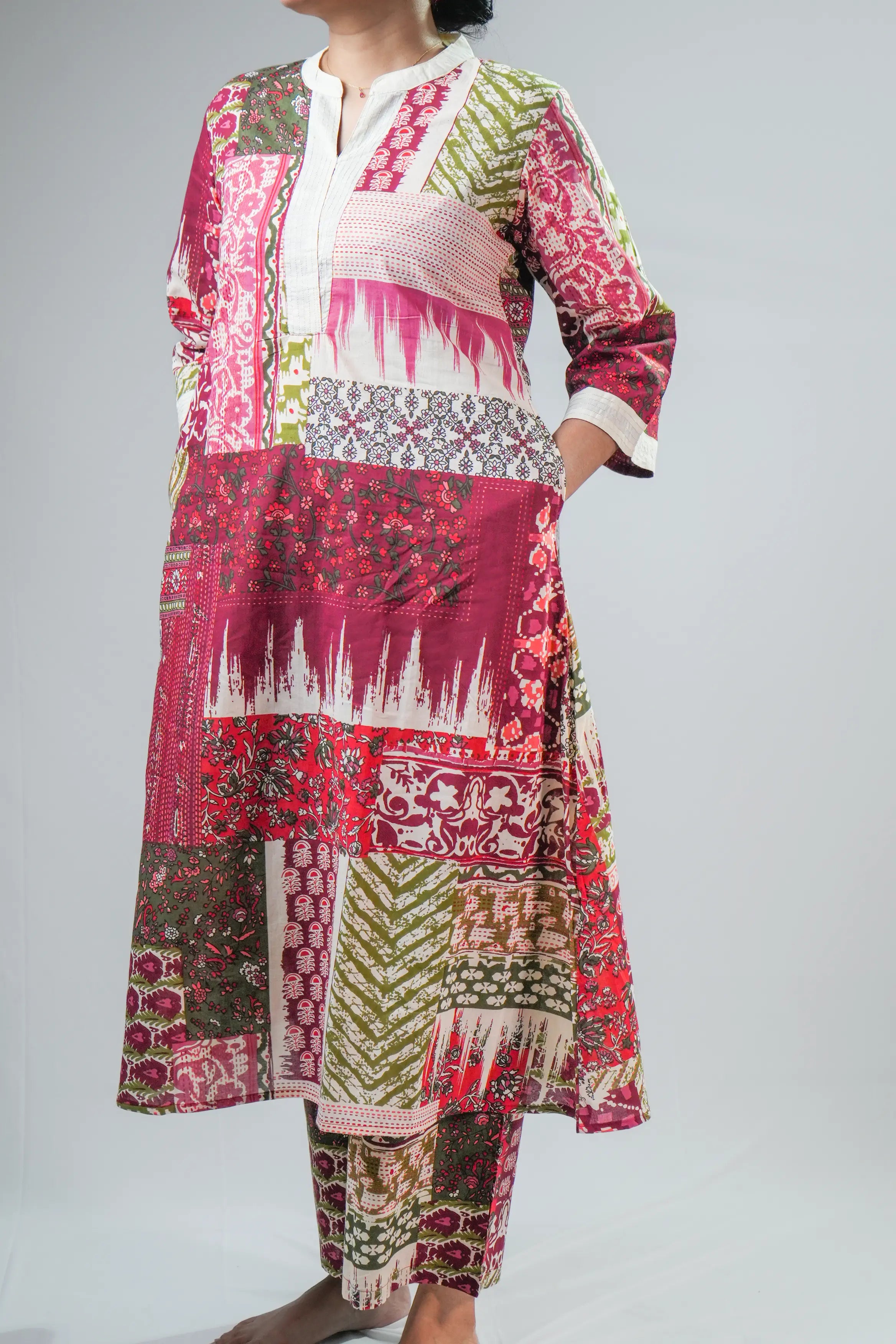 Maroon & Olive Patchwork Printed Straight Kurta Set