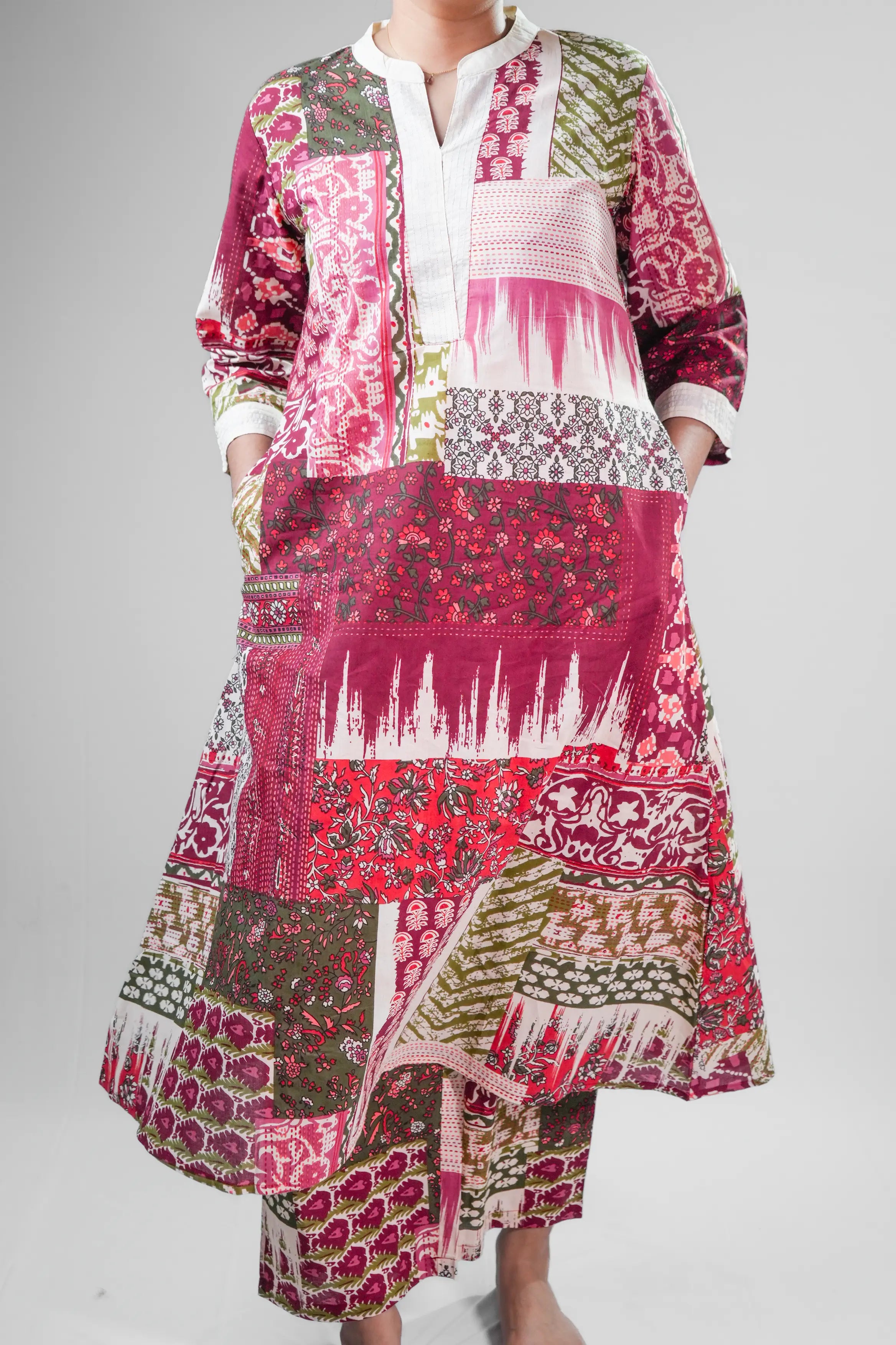 Maroon & Olive Patchwork Printed Straight Kurta Set