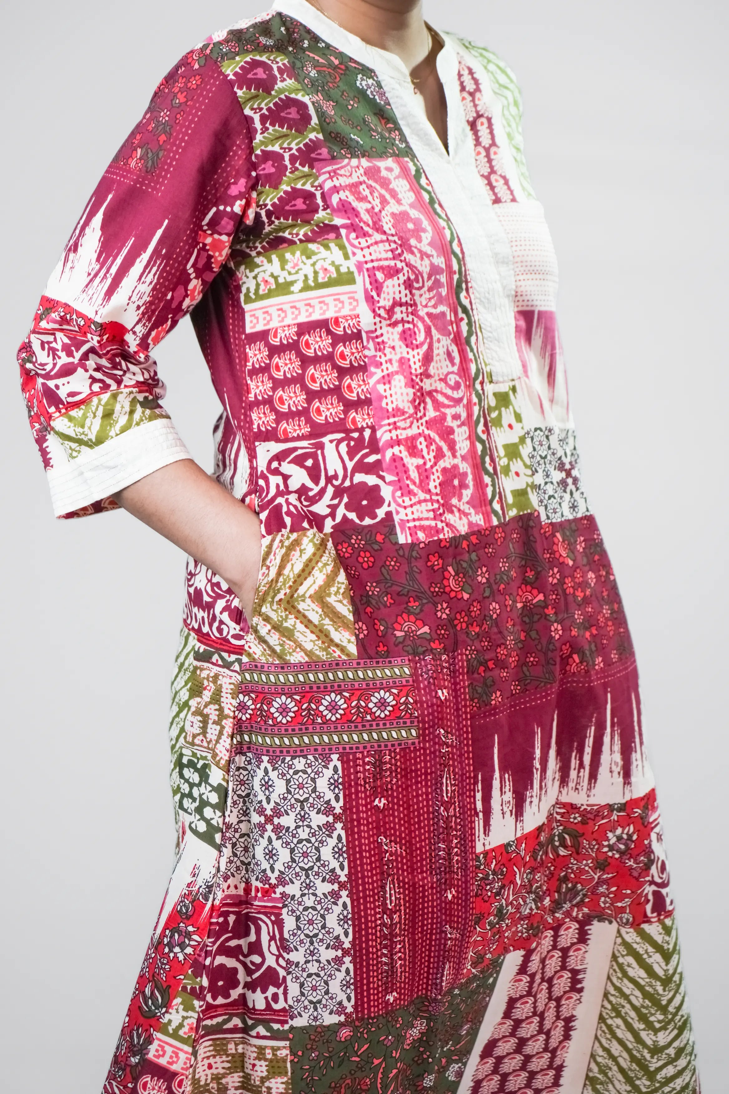 Maroon & Olive Patchwork Printed Straight Kurta Set
