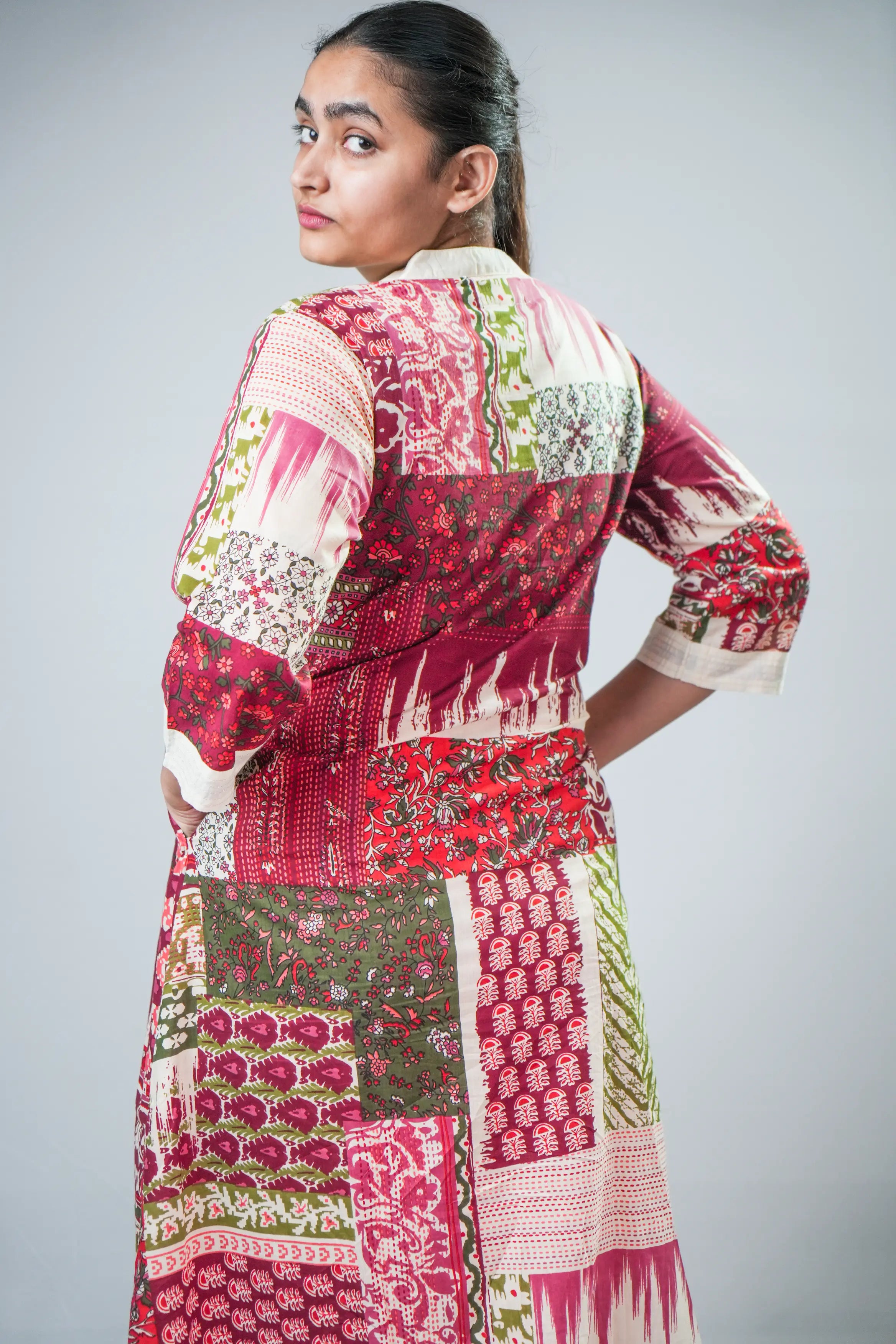 Maroon & Olive Patchwork Printed Straight Kurta Set