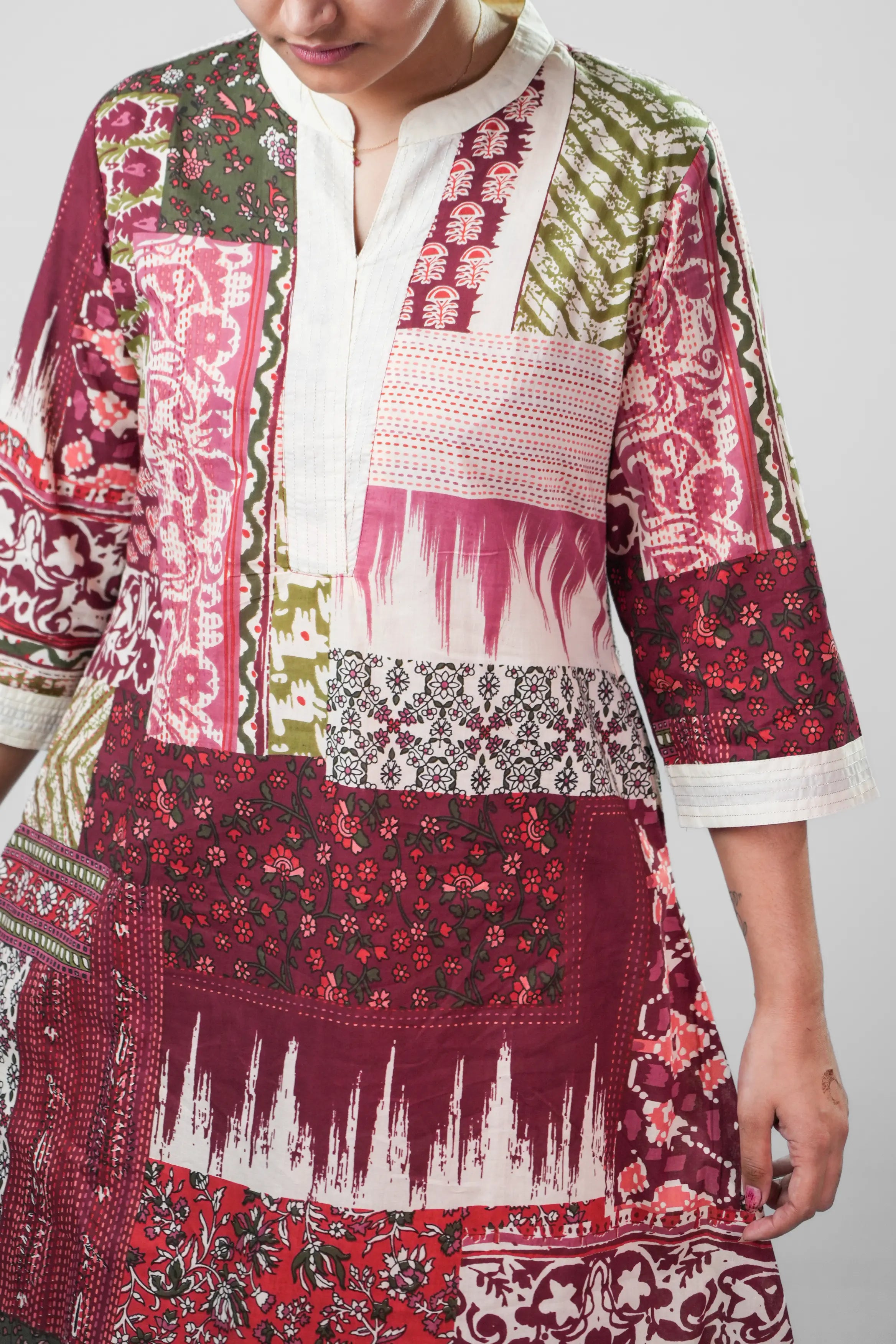 Maroon & Olive Patchwork Printed Straight Kurta Set