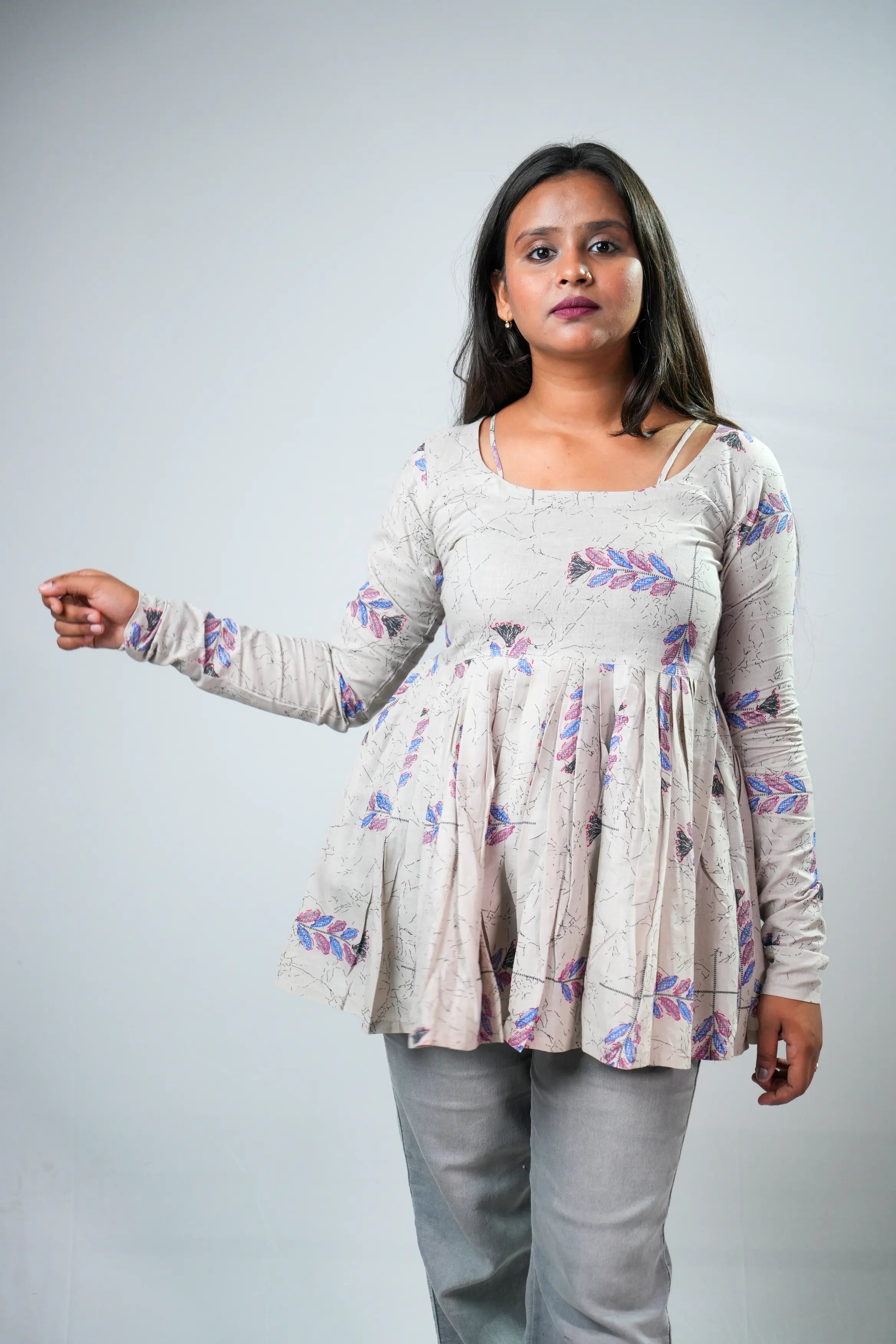 Beige Printed Flared Long-Sleeve Kurti Top