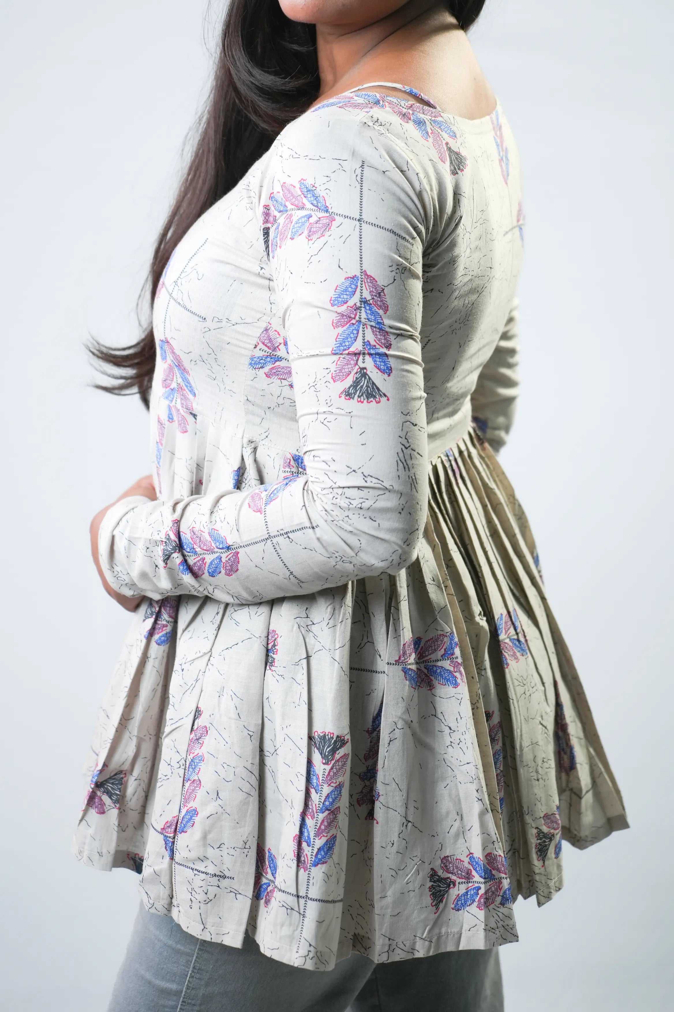 Beige Printed Flared Long-Sleeve Kurti Top