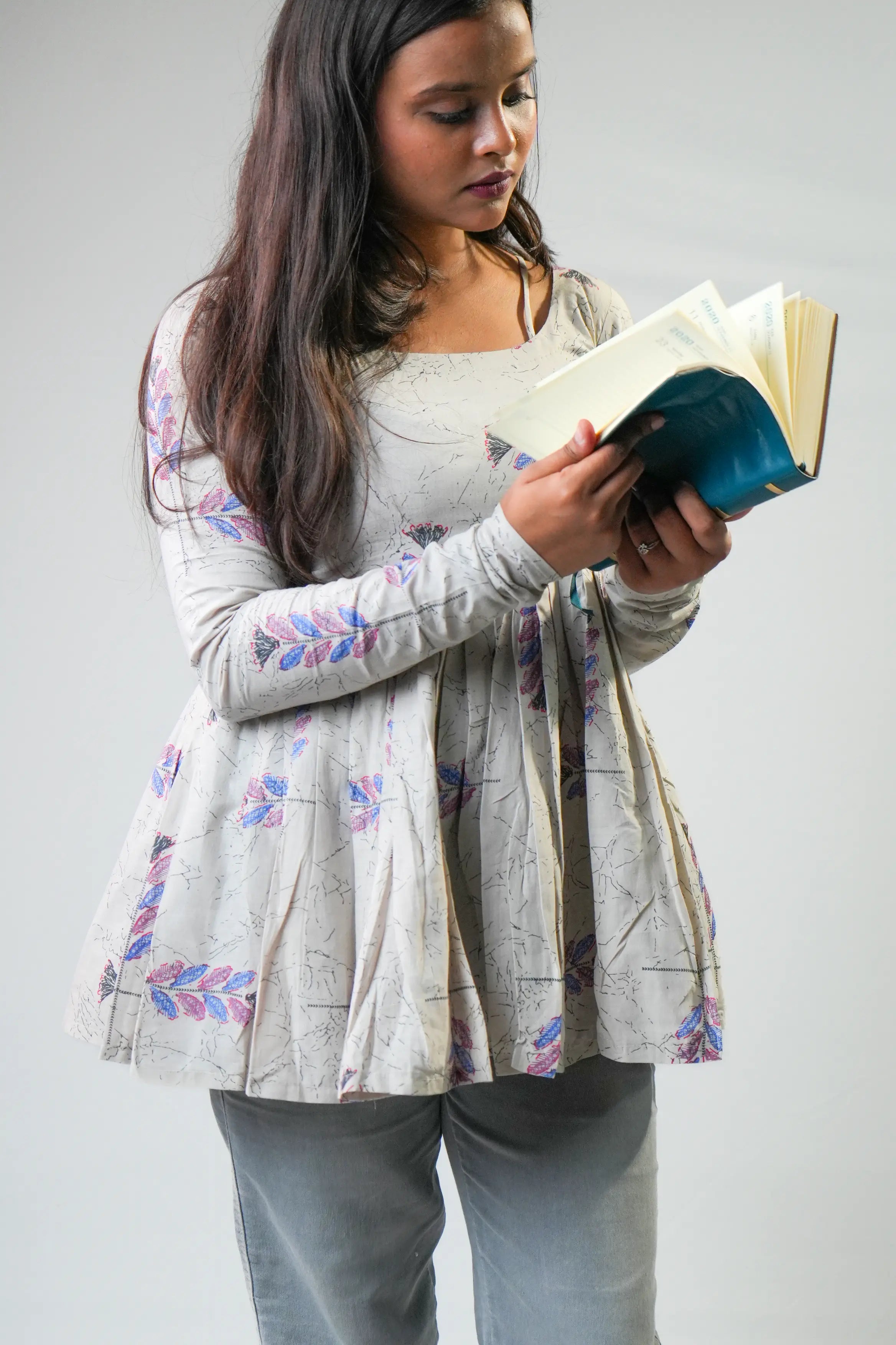 Beige Printed Flared Long-Sleeve Kurti Top