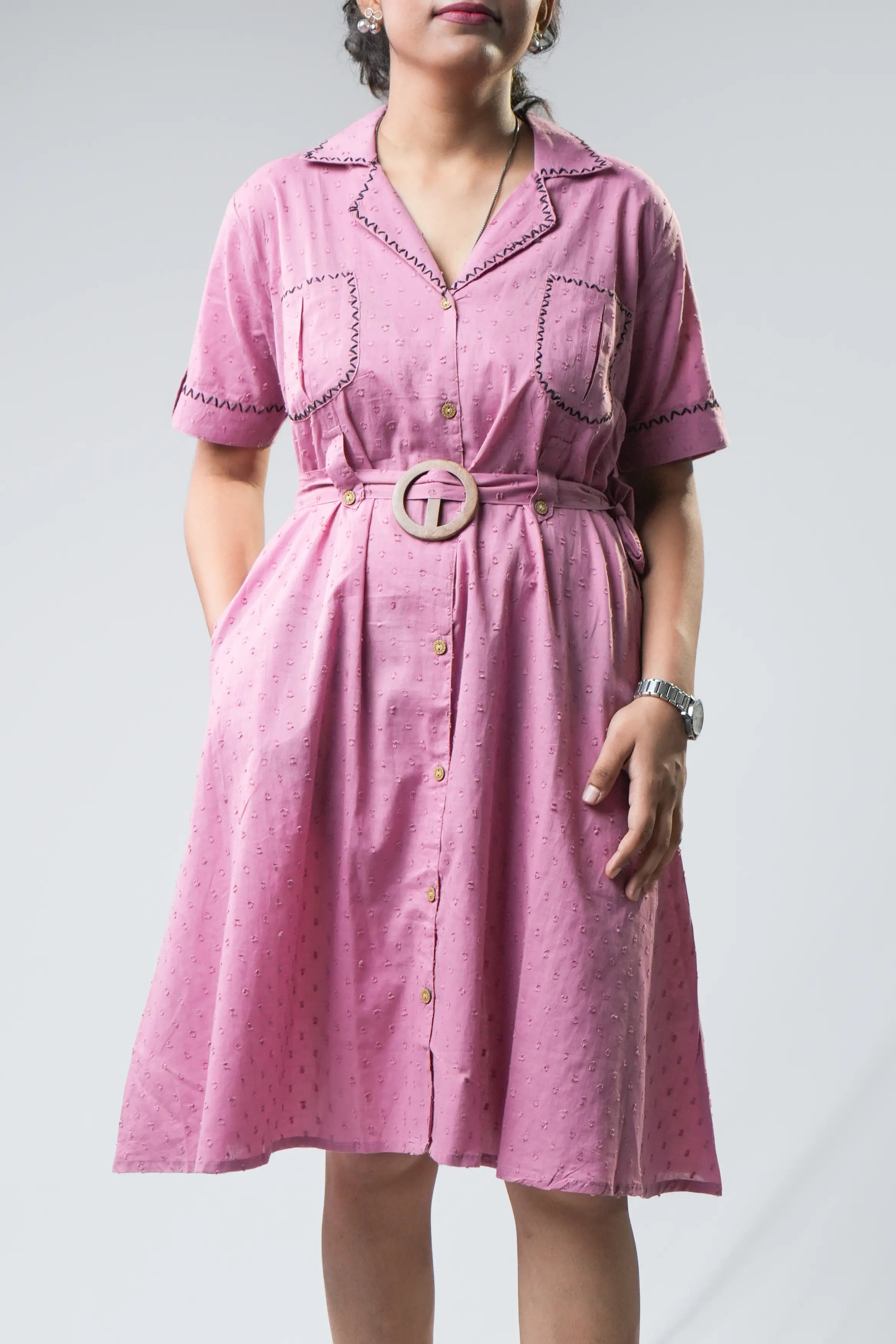 Pink Collared Button-Down Belted Shirt Dress